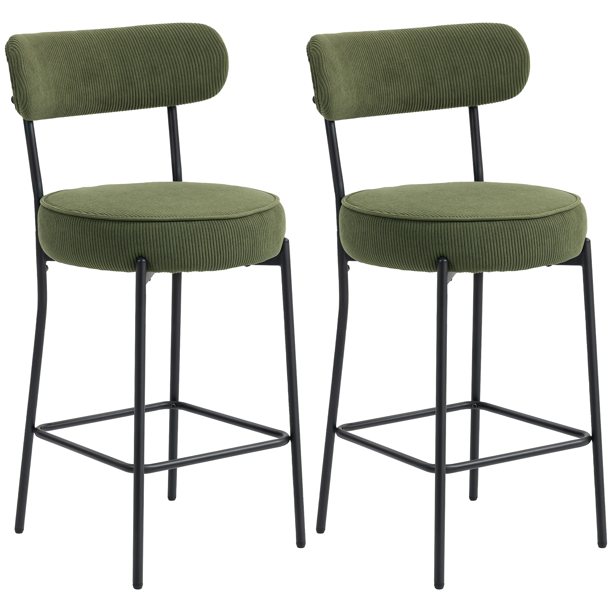 Upholstered Corduroy Bar Stools with Backrest, Set of 2 Barstools, Footrest for Cooking Island, Meal Room, Green 1
