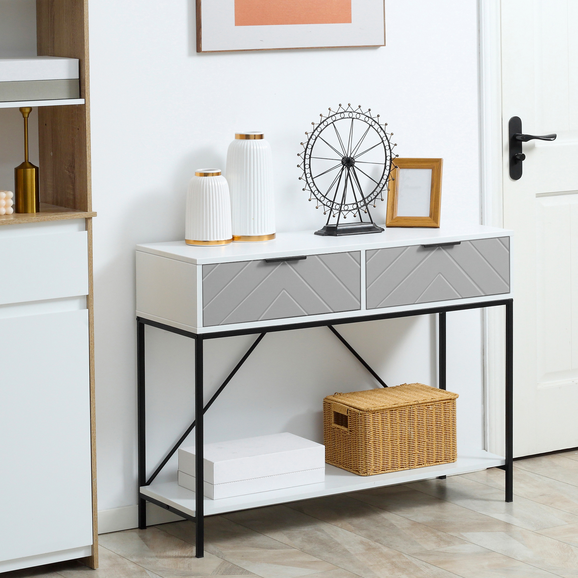 HOMCOM Console Table Modern Entryway with 2 Drawers and Storage Shelf Narrow Sofa Table for Living Room Hallway White Aosom Canada