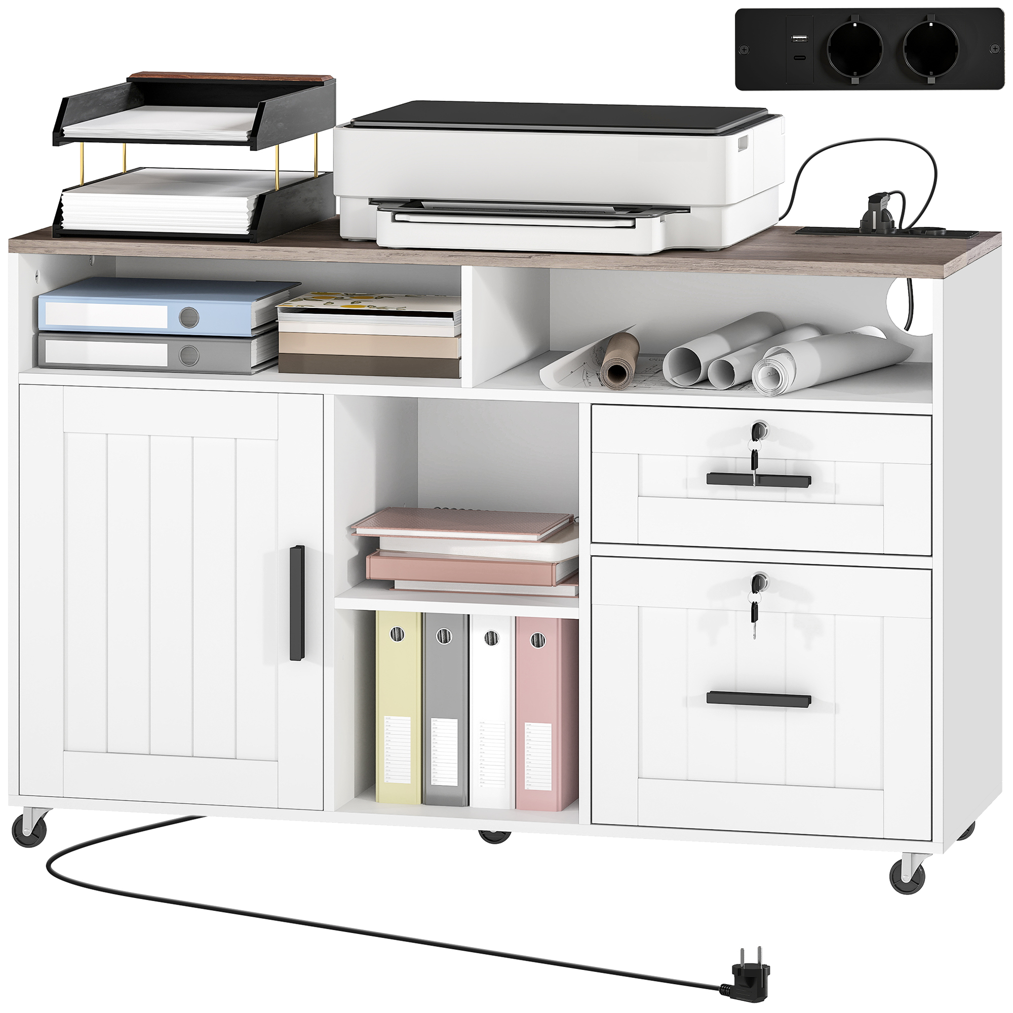 Locking Document Organizer Unit for A4 and Letter Size, Rolling Print Stand with Power Hub and USB Ports, White 1