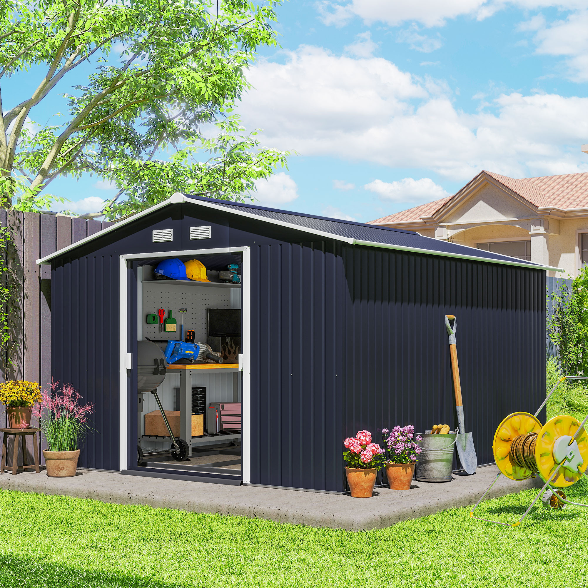 Outsunny 11' x 9' Metal Garden Shed Utility Tool Storage