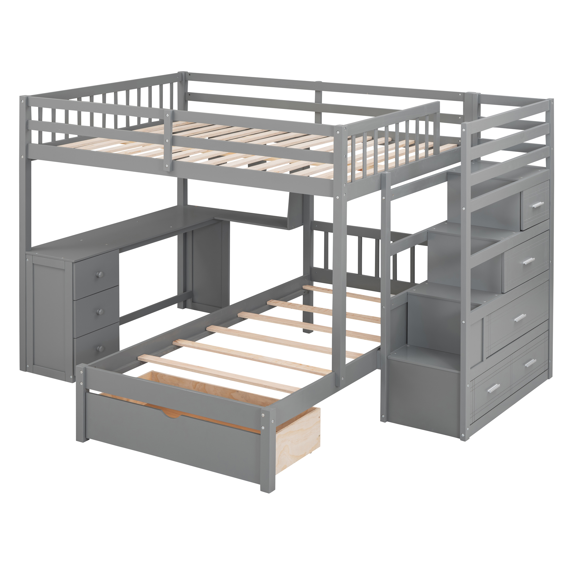 【状態良好】A BOOK OF BEDS Full Over Twin Bunk Bed with Study Desk, Grey | Aosom Canada