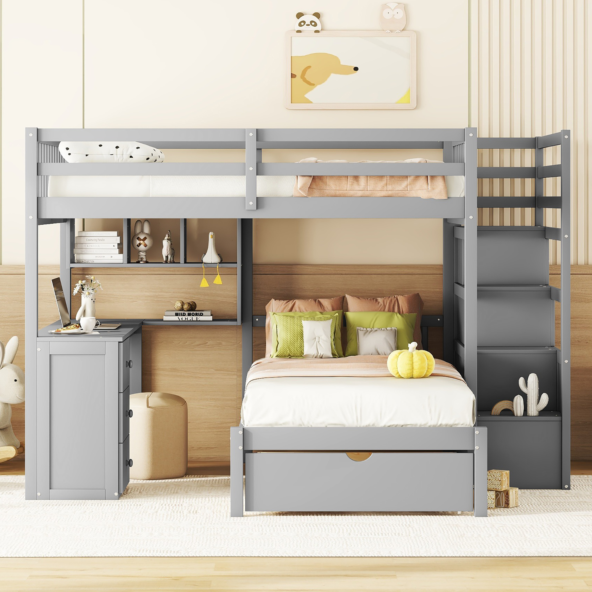 【状態良好】A BOOK OF BEDS Full Over Twin Bunk Bed with Study Desk, Grey | Aosom Canada