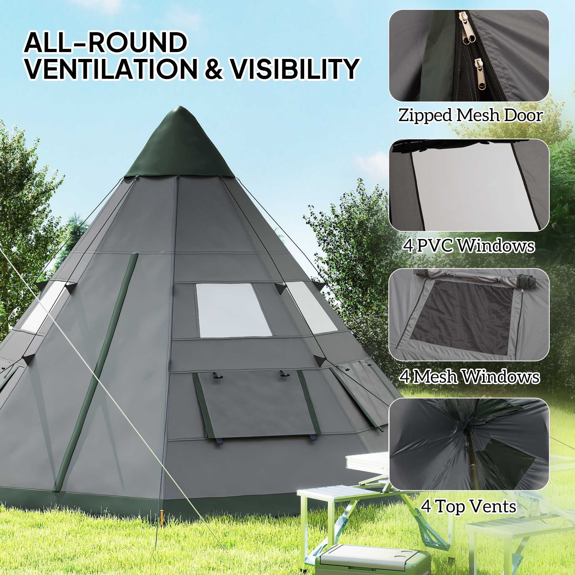 Outsunny 6 Men Camping Family Teepee Tent with Mesh Windows