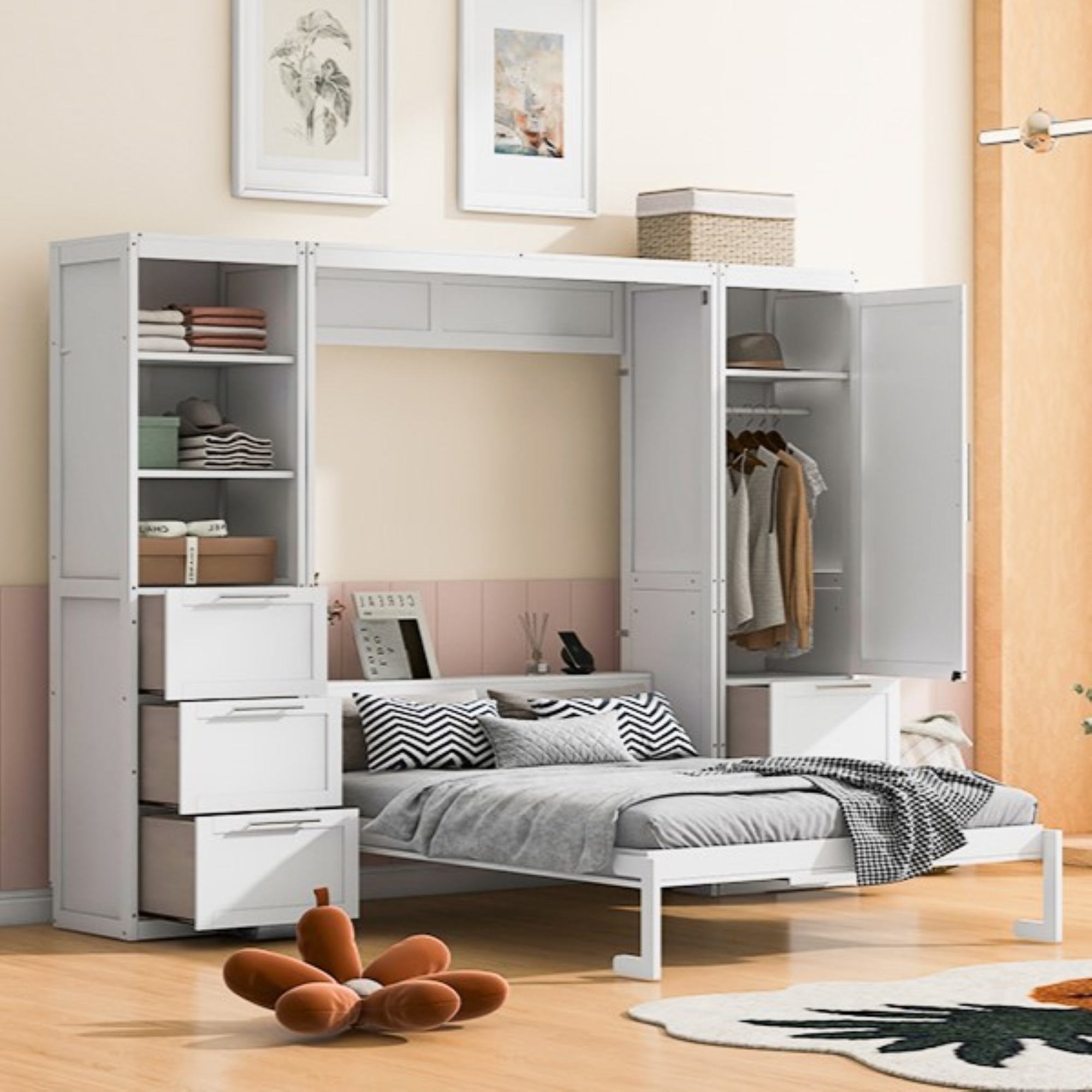 Queen Size Murphy Bed with Integrated Storage, White | Aosom Canada