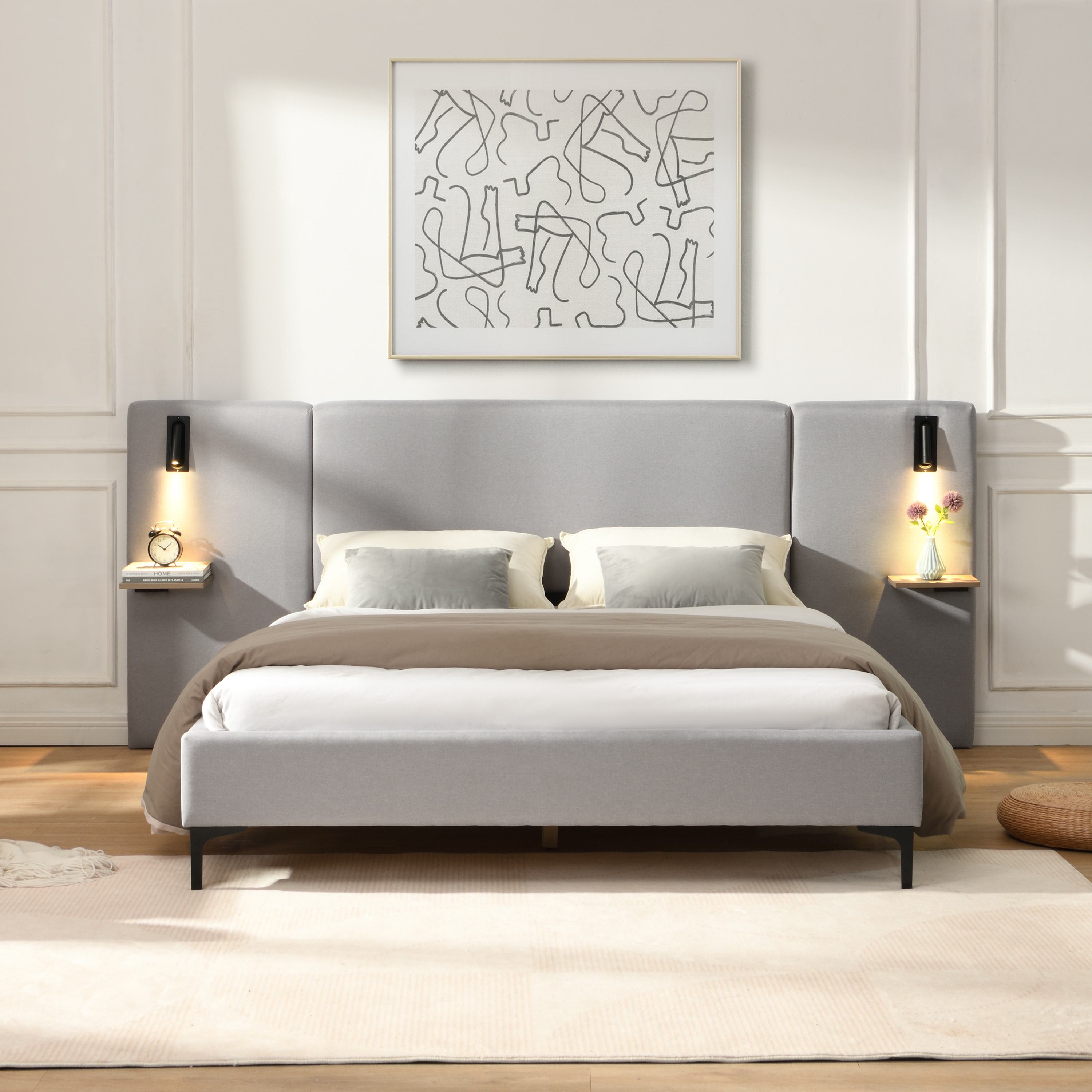 Queen Size Linen Upholstered Bed with Shelves, Integrated Lights, Chic Bed Frame with Durable Iron Legs, 86" L x 110" W x 41" H, Grey | Aosom.com