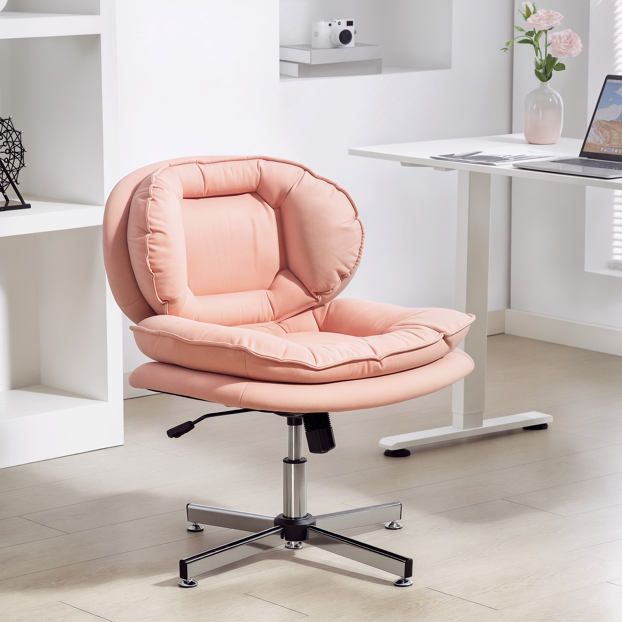 HOMCOM Criss Cross Chair with Thick Pad, 360° Swivel, Tilting, Desk Chair No Wheels, Pink Aosom Canada
