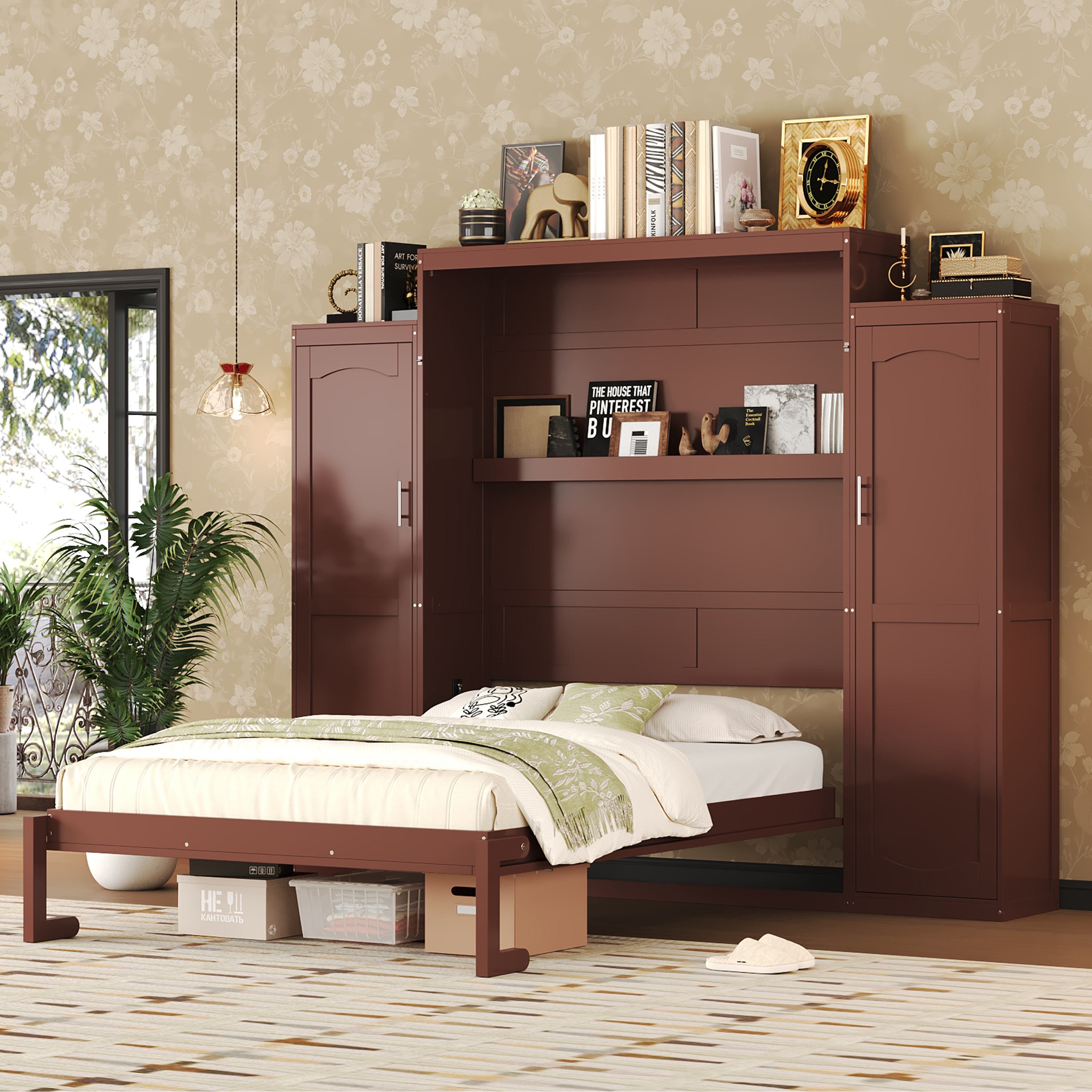 Queen Size Murphy Bed with 2 Wardrobes, Foldable Platform Bed Frame with Storage Shelf, 89" L x 110.5" W x 88.5" H, Walnut