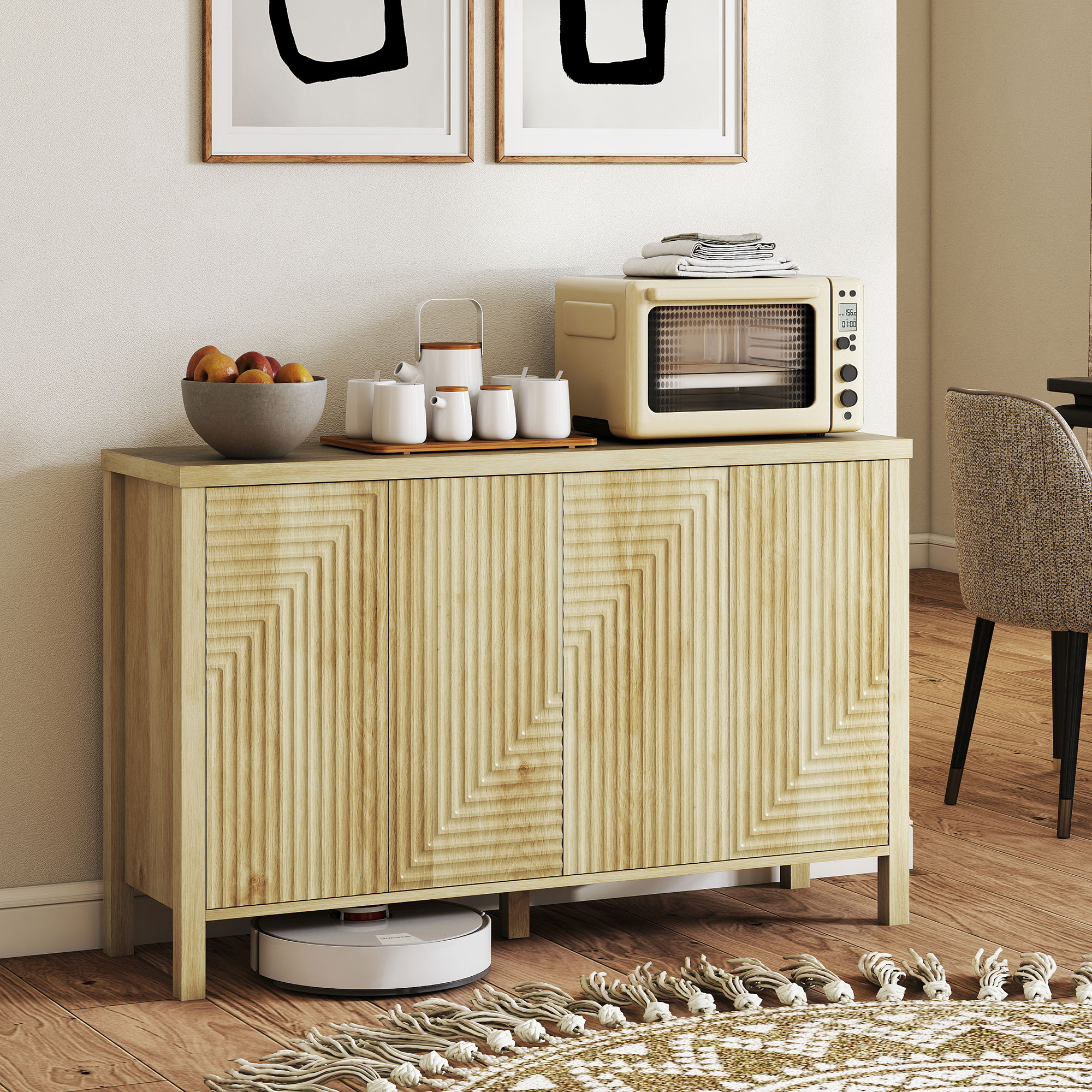 HOMCOM 47" Buffet Cabinet with Storage, Fluted Sideboard with Push to Open Design, 2 Adjustable Shelves and 4 Doors, Natural Aosom Canada