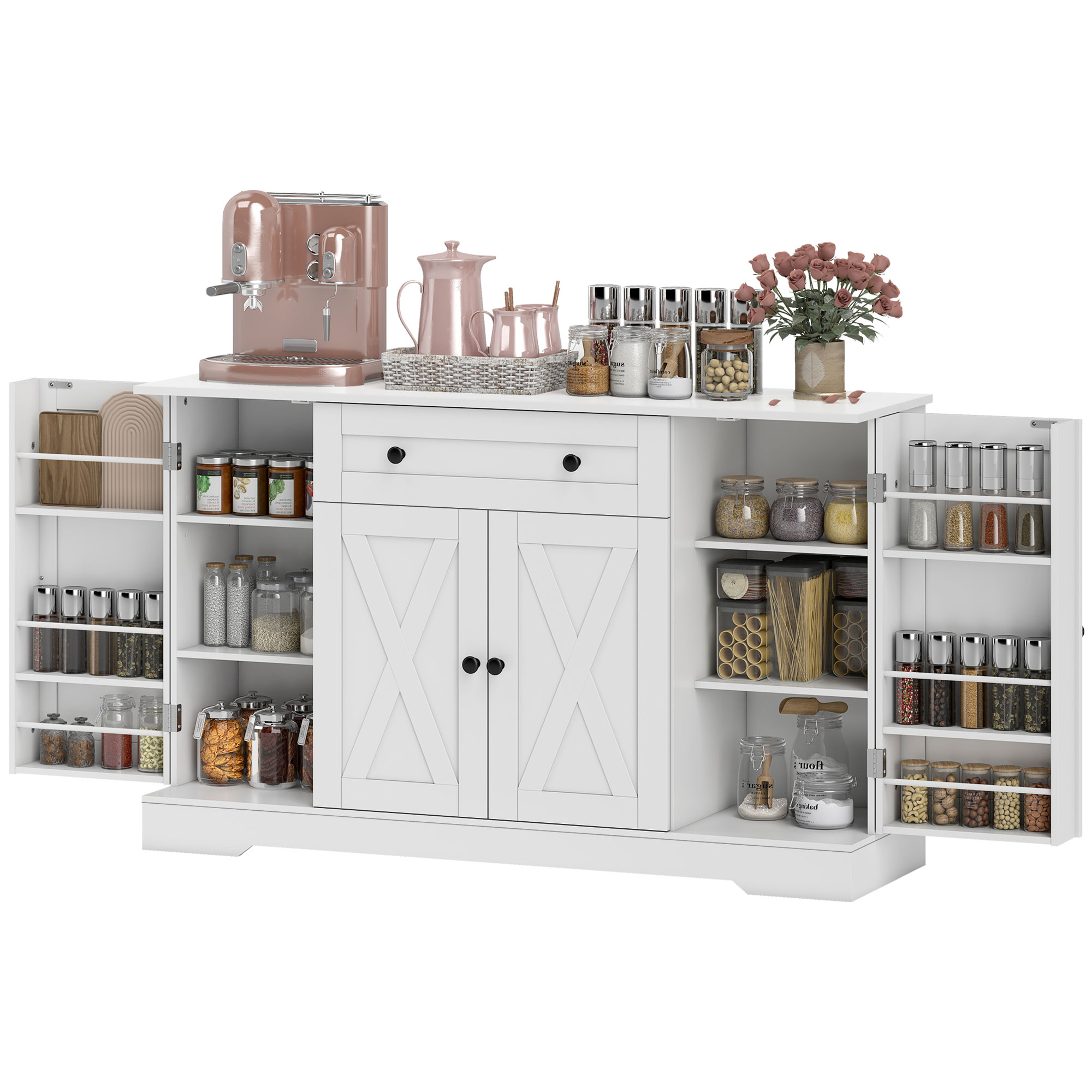 Farmhouse Coffee Bar Organizer Unit with Entry Shelves, Sideboard Buffet Organizer Unit, Adjustable-Height Shelves, Organizer Drawer, Barn Doors, White 1