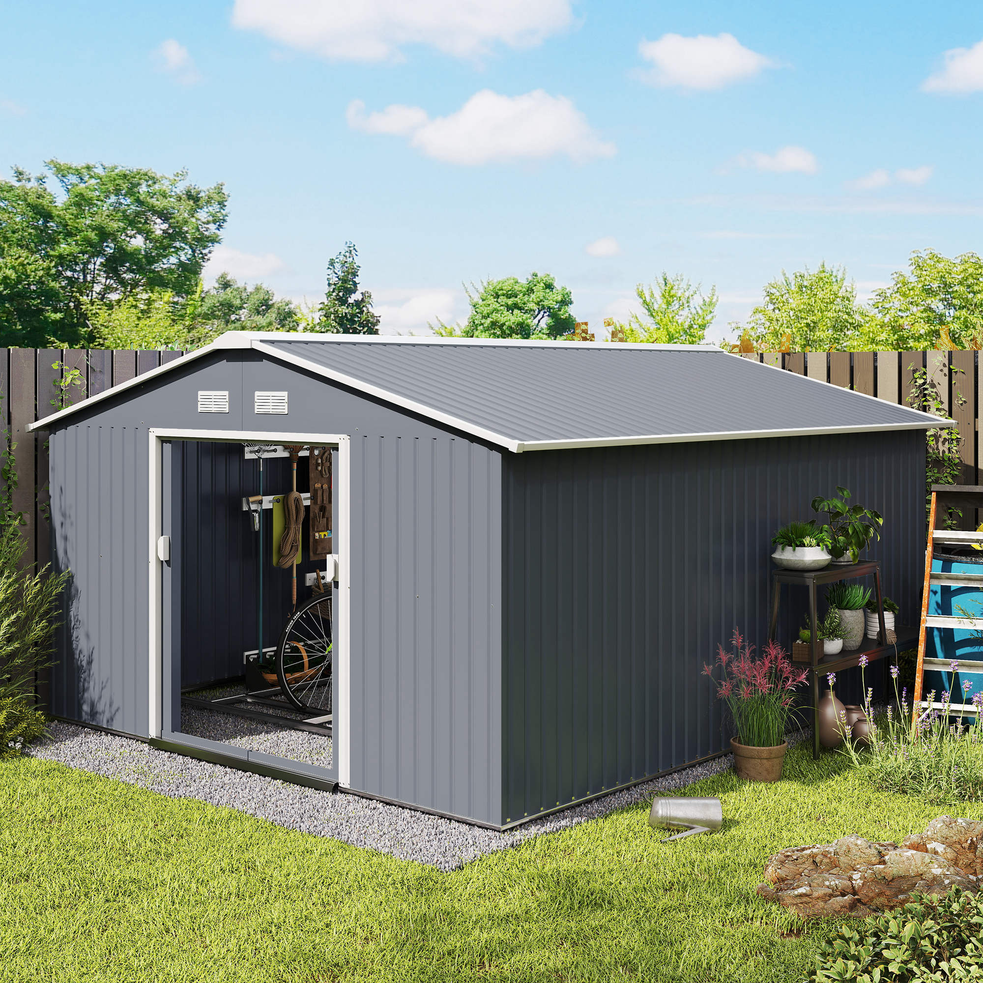 Outsunny Spacious Garden Shed 11.2ft x 12.5ft with 4 Vent Slots, Double Doors, Durable Storage - Grey Aosom Canada