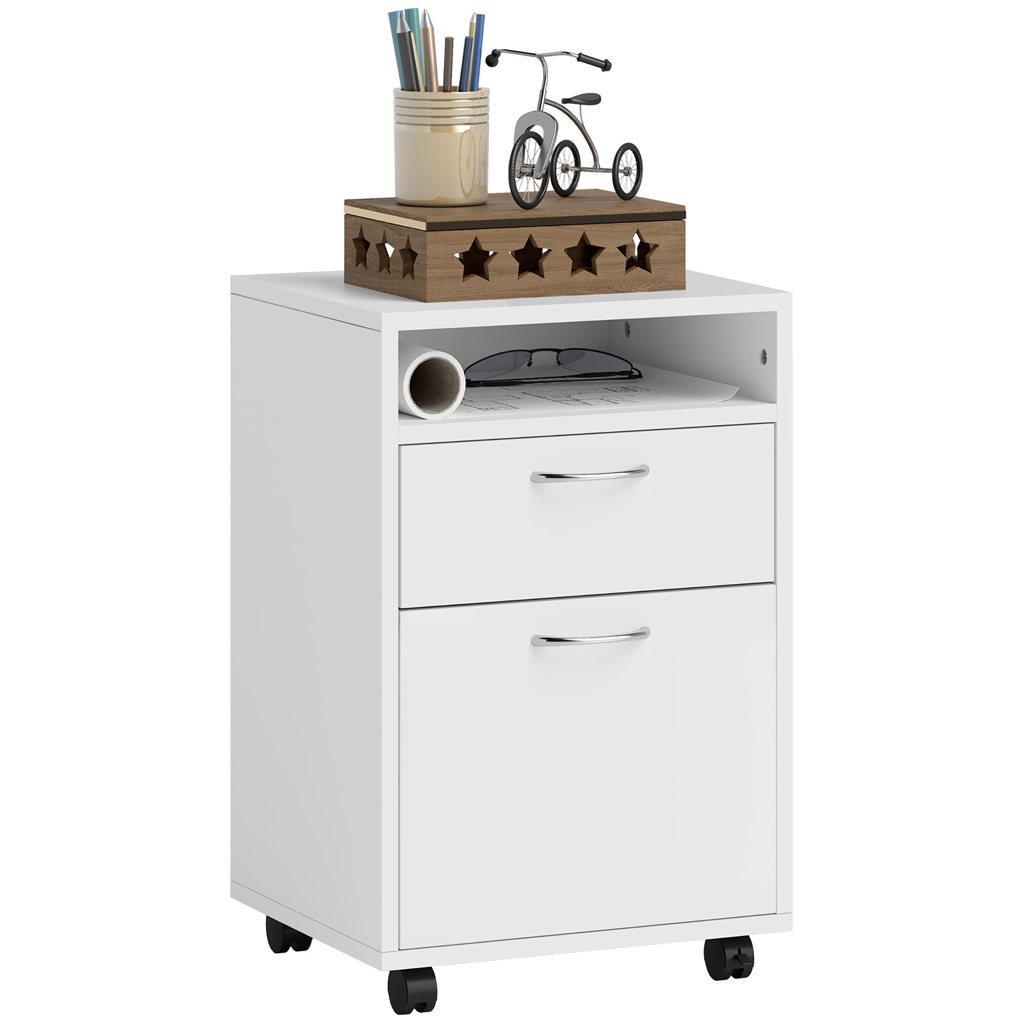 HOMCOM Mobile Storage Cabinet Organizer with Drawer and Cabinet, Printer Stand with Castors, White
