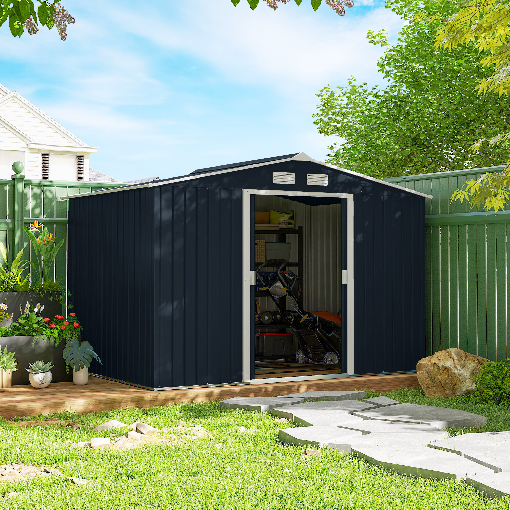 Outsunny 9.1'x6.4'x6.3' Garden Storage Shed, Spacious & Ventilated Metal Double Doors Outdoor Patio Yard, Dark Grey Aosom Canada