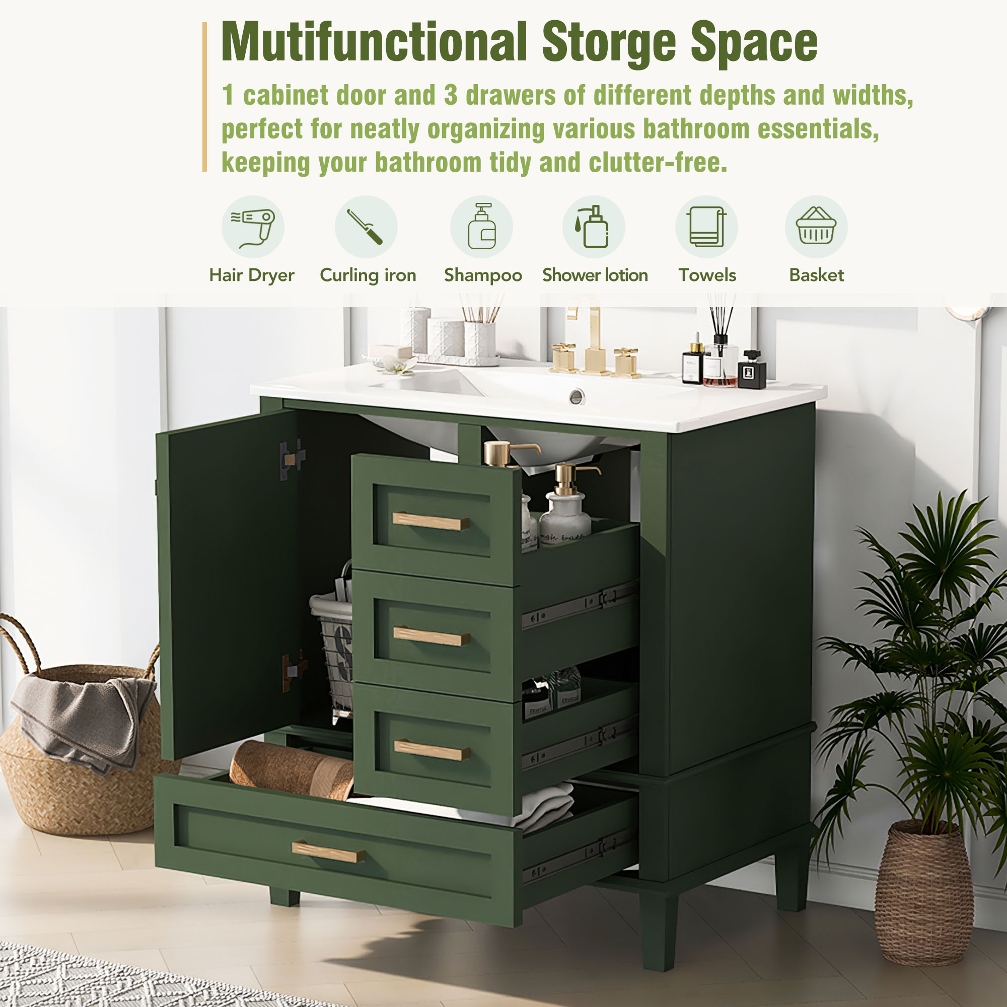 Modern Bathroom Vanity with 3 Drawers, Green+White | Aosom Canada