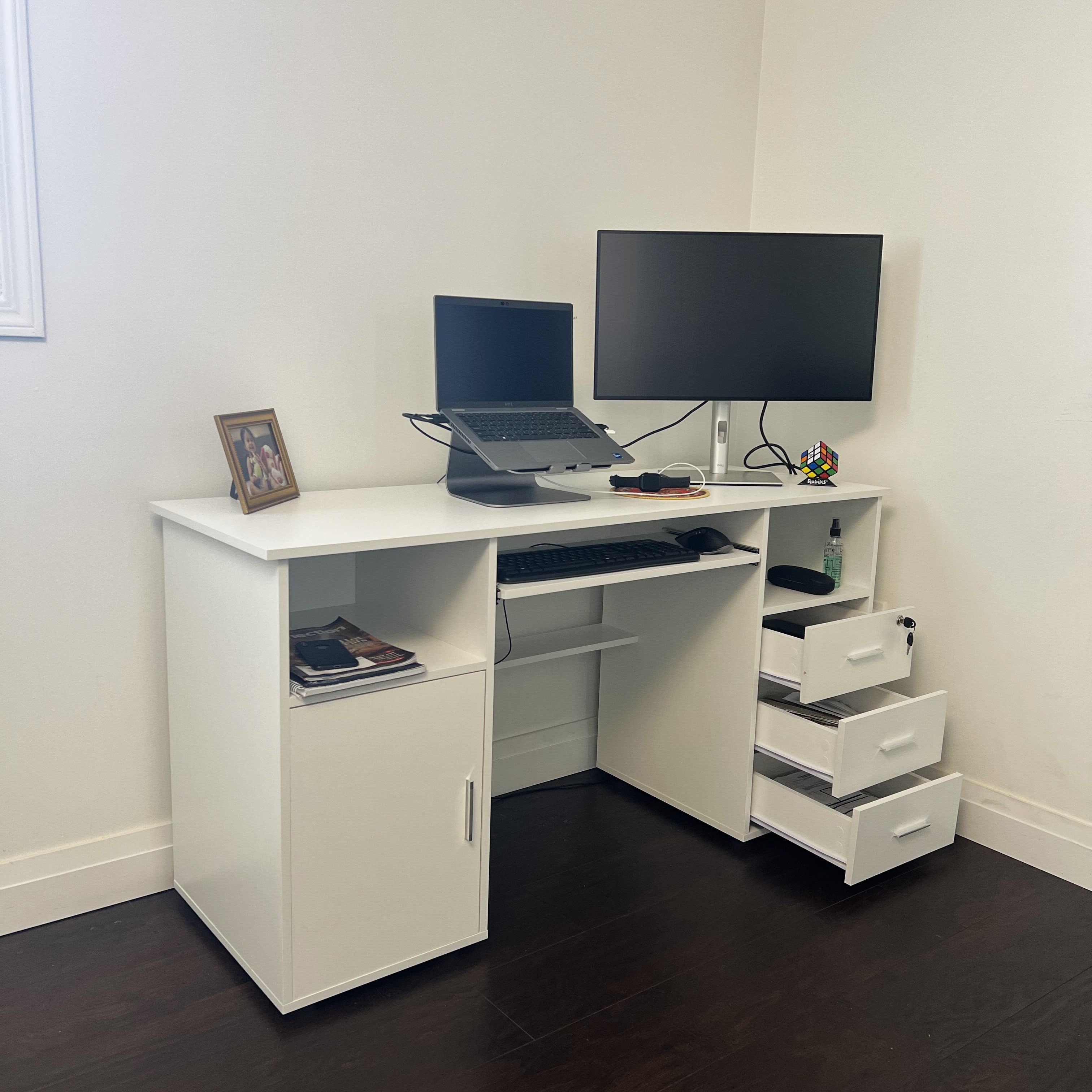 HOMCOM Computer Desk with 2 Shelves Keyboard Tray Cabinet Drawers, Home ...
