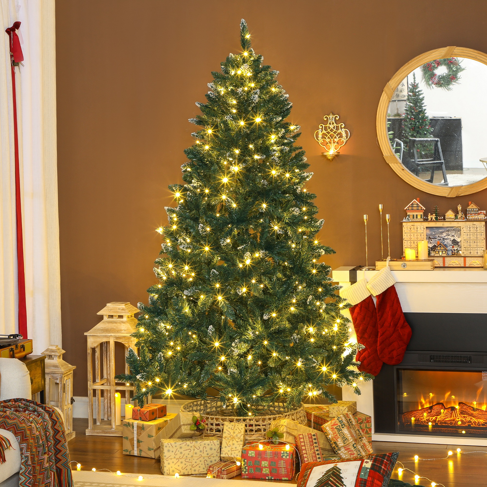 HOMCOM 7 ft Frosted Prelit Christmas Tree, Full Spruce Xmas Tree