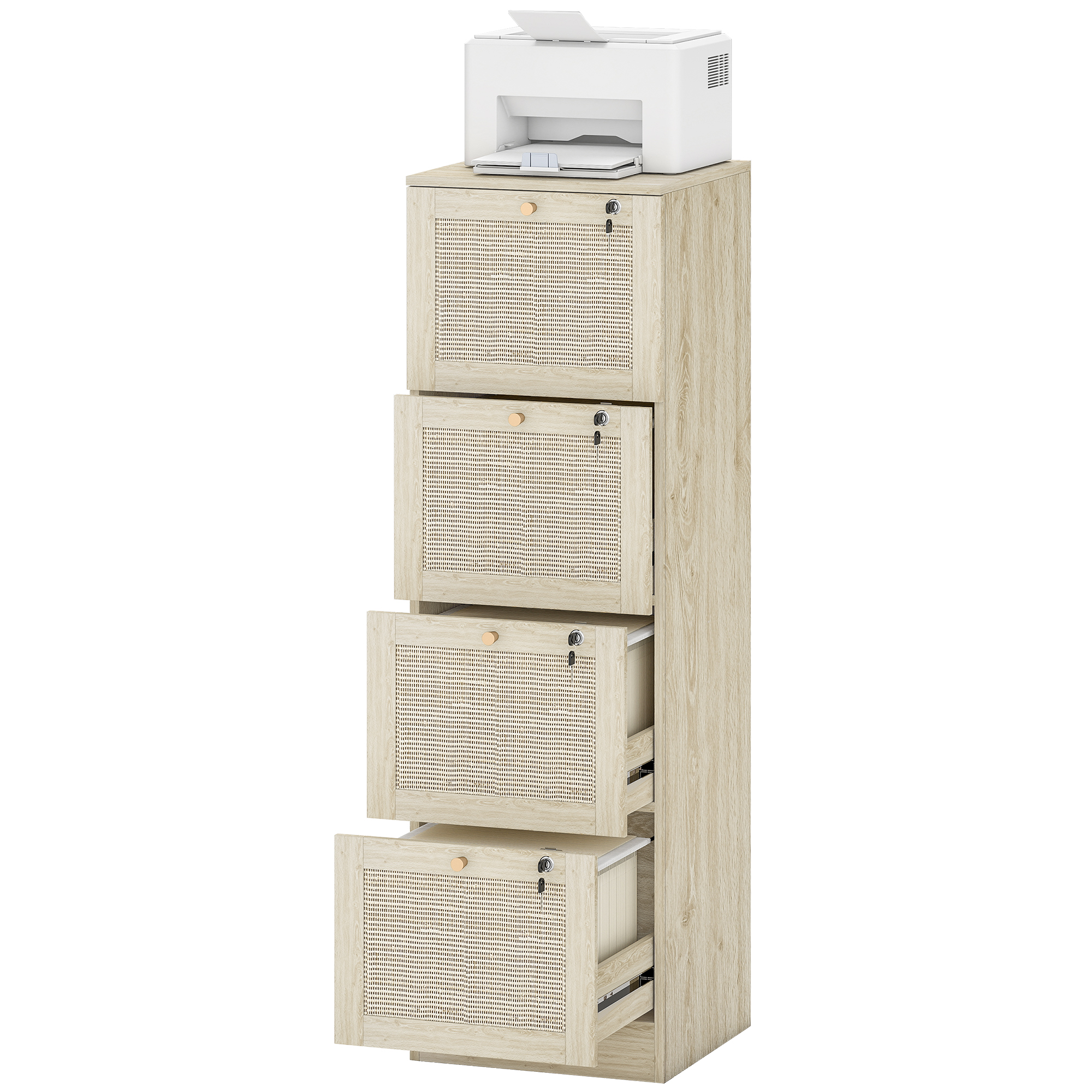 Boho File Organizer Unit for A4 Letter Size Files with Decorative Rattan Accents, 4 Organizer Drawer Document Organizer Unit with Locking, Oak 1