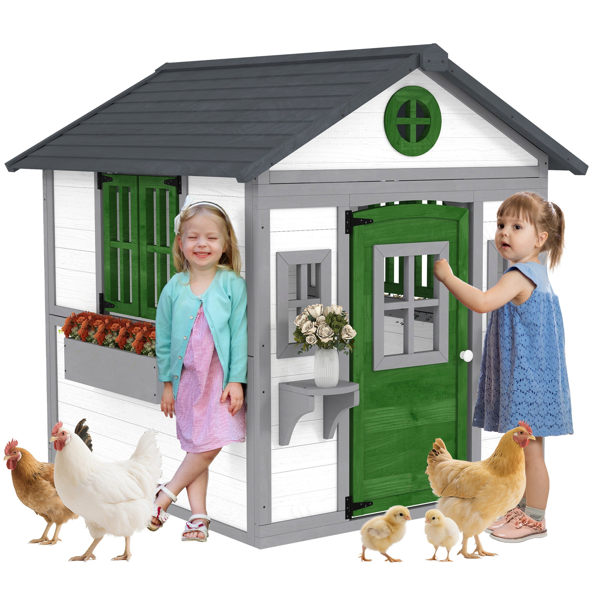 Outsunny Wooden Playhouse for Kids Outdoor with Doors