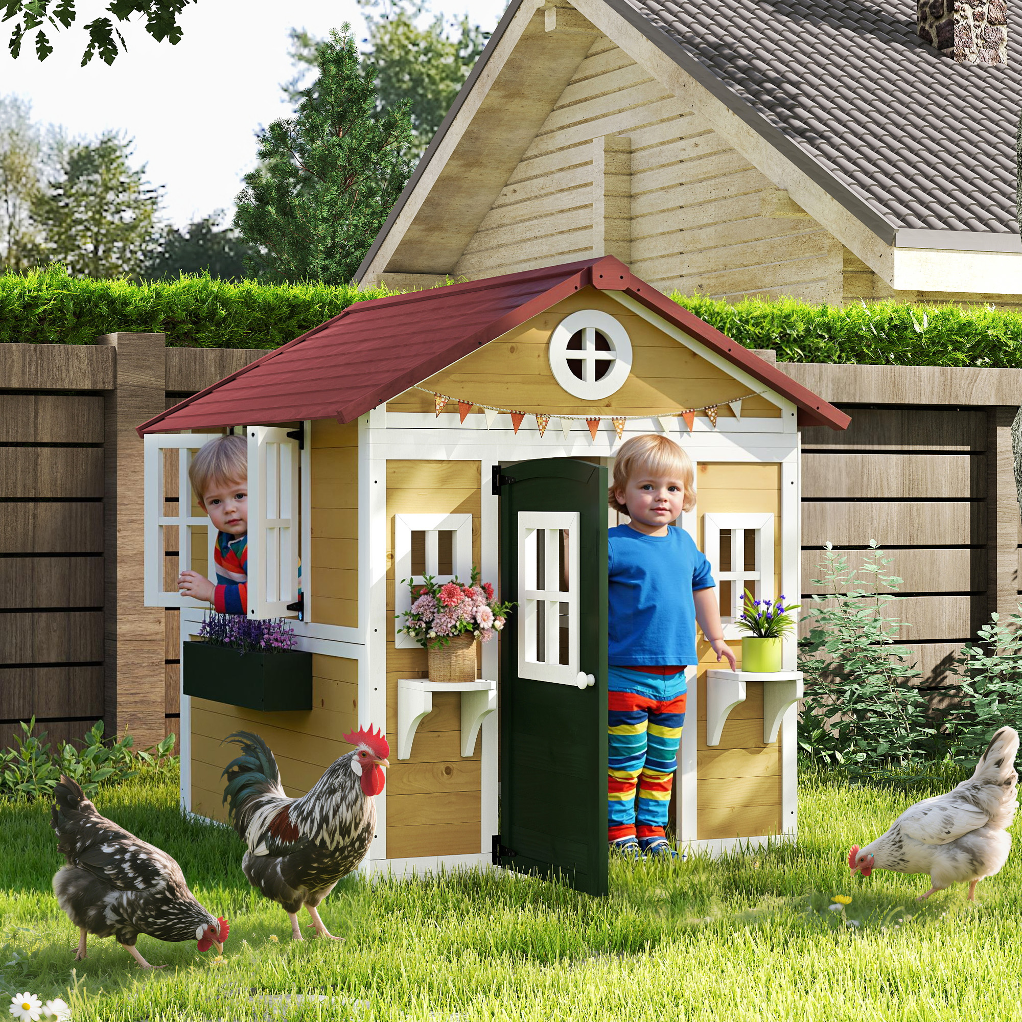 Outsunny Wooden Playhouse for Kids Outdoor with Doors, Windows - Technical View