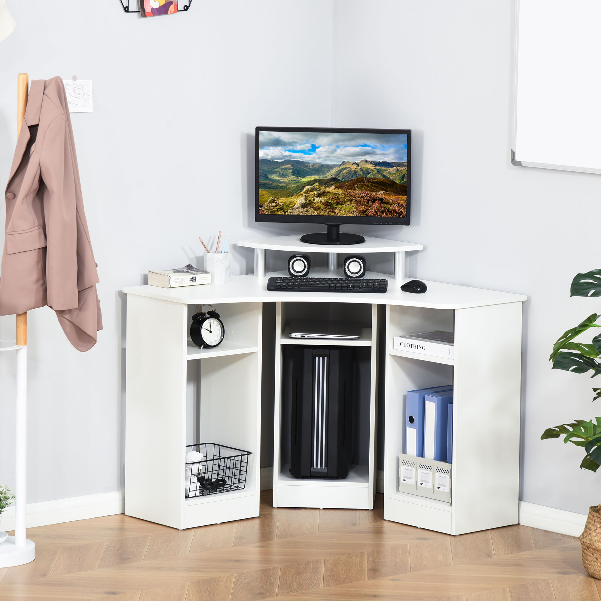 HOMCOM L-Shaped Desk with Monitor Stand Home Office Corner Workstation Small Space Solution White | Aosom Canada