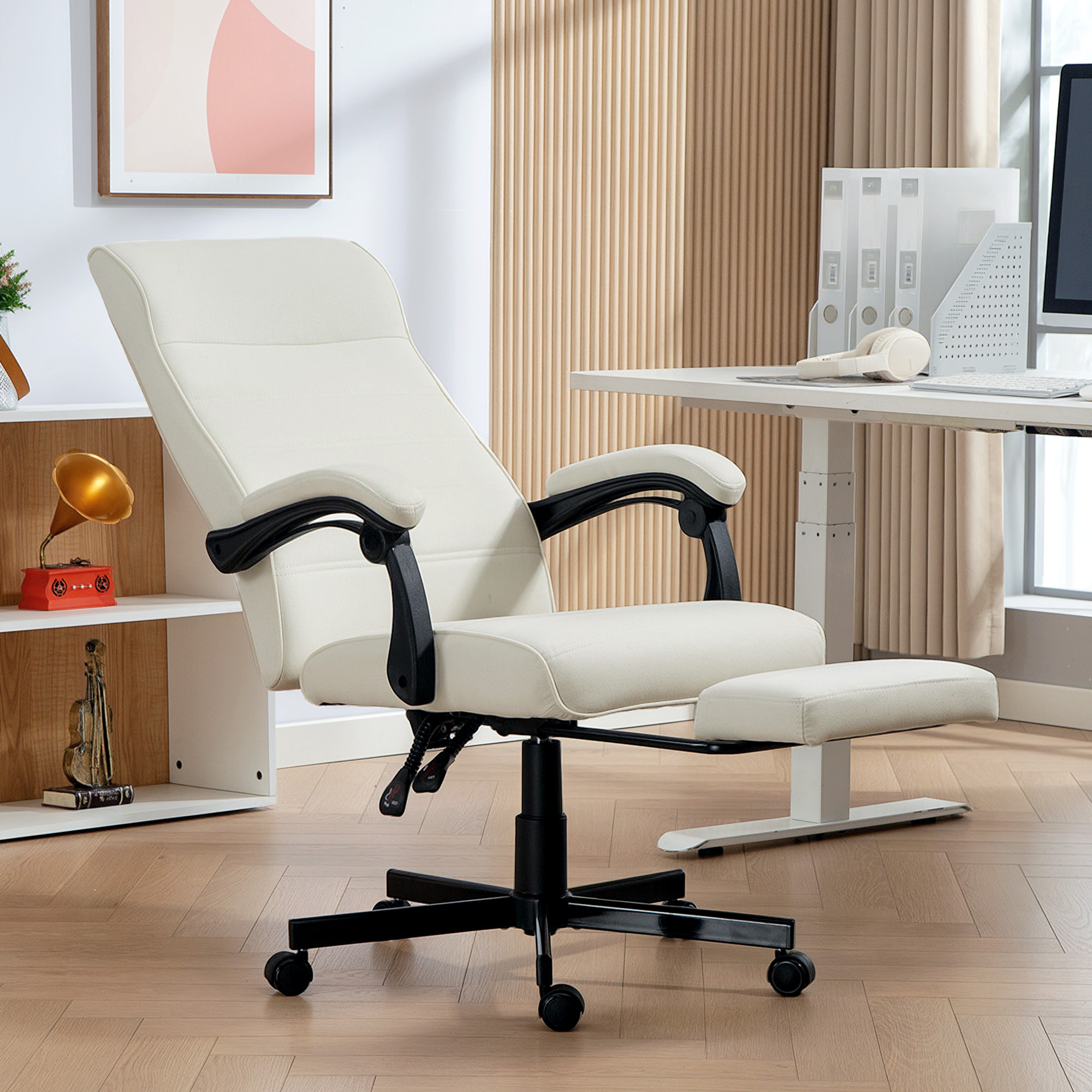 Vinsetto Office Chair, High Back Desk Chair, Swivel Recliner with Adjustable Height, Footrest and Padded Armrest, Cream White Aosom Canada