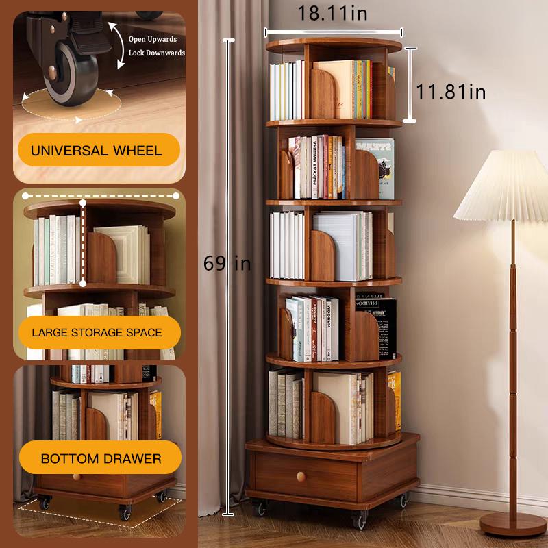 置物 ETA 6-Tier Rotating Bookshelf with Wheels, Walnut Brown | Aosom.com