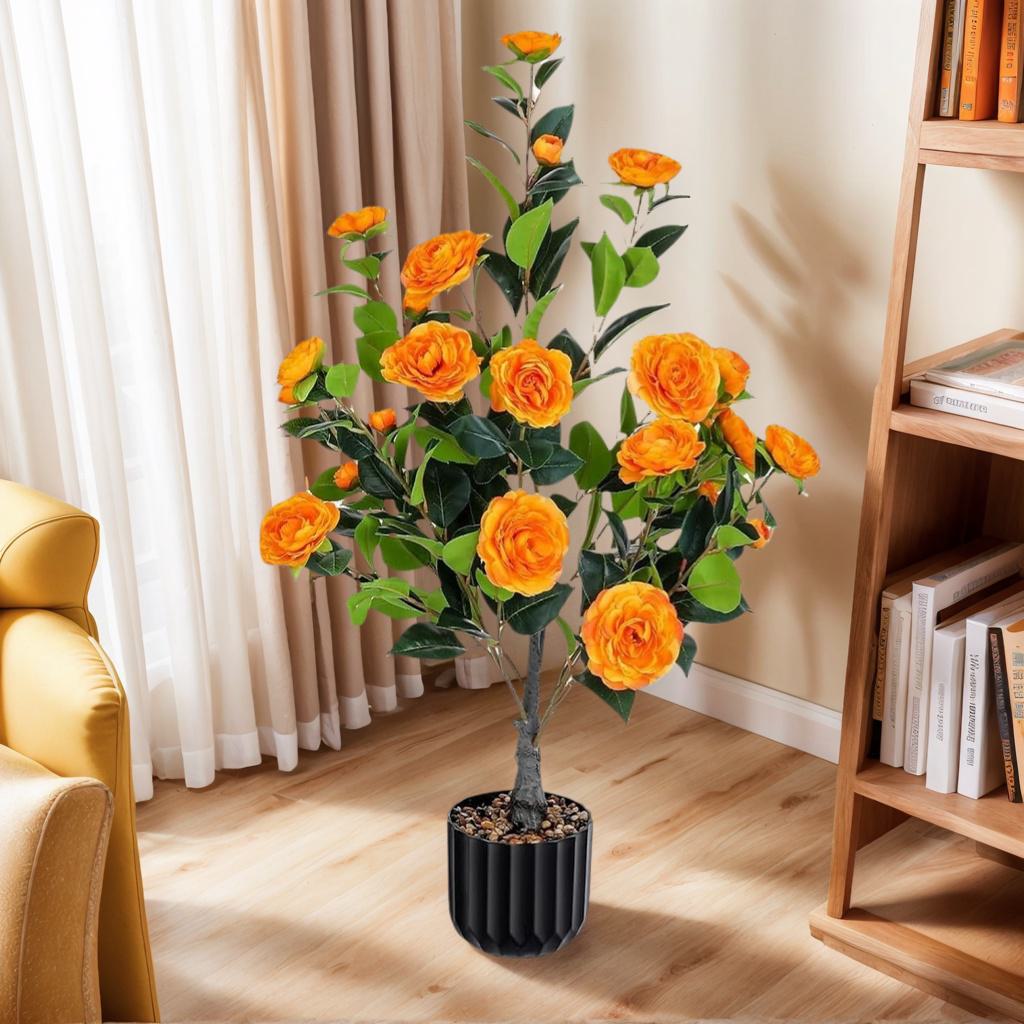 36" Faux Camellia Plant in Pot with Orange Flowers, Artificial Camellia Tree 2-Pack for home or office decor, 26.5" L x 6" W x 36" H, Black+Orange