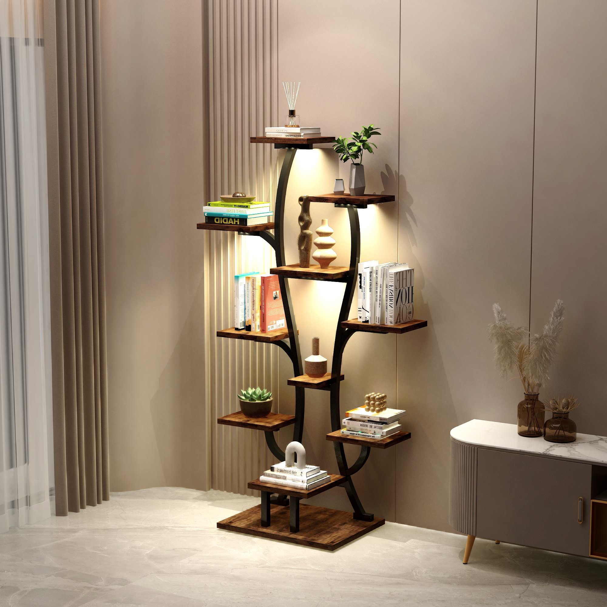 Indoor Plant Stand with Adjustable Grow Lights, Metal Vase-Shaped Plant Holder for Patio, 21.5&Prime; L x 10&Prime; W x 64.5&Prime; H, Black+Dark Walnut