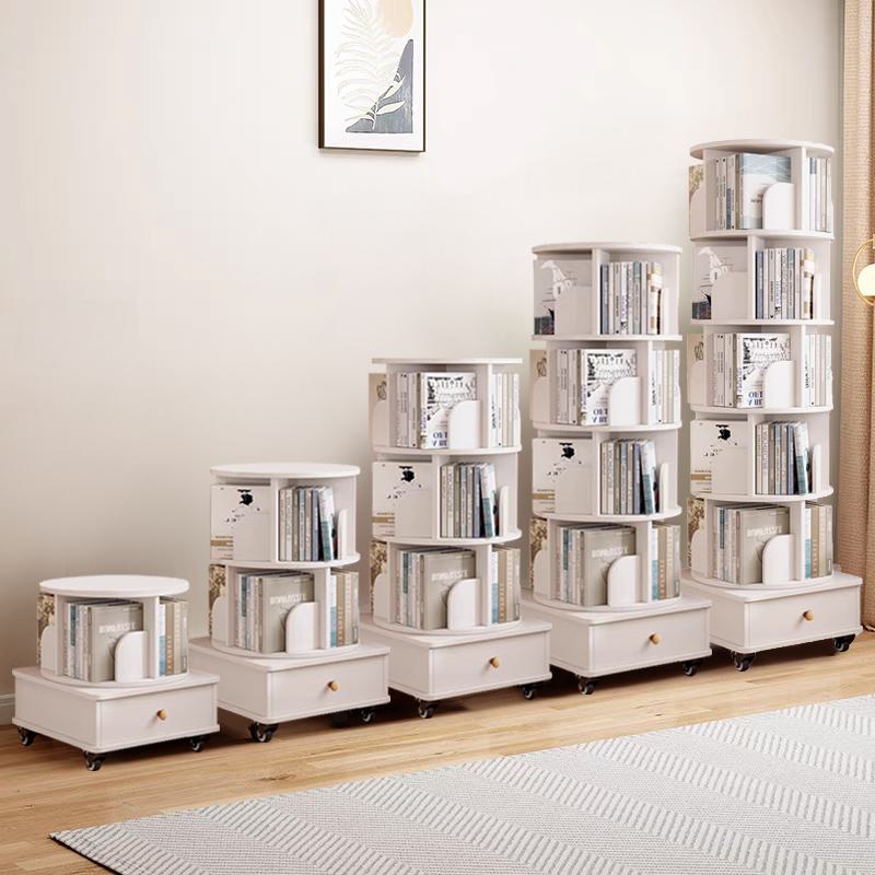 Rotating Bookshelf with Drawer and 360-Degree Display, White