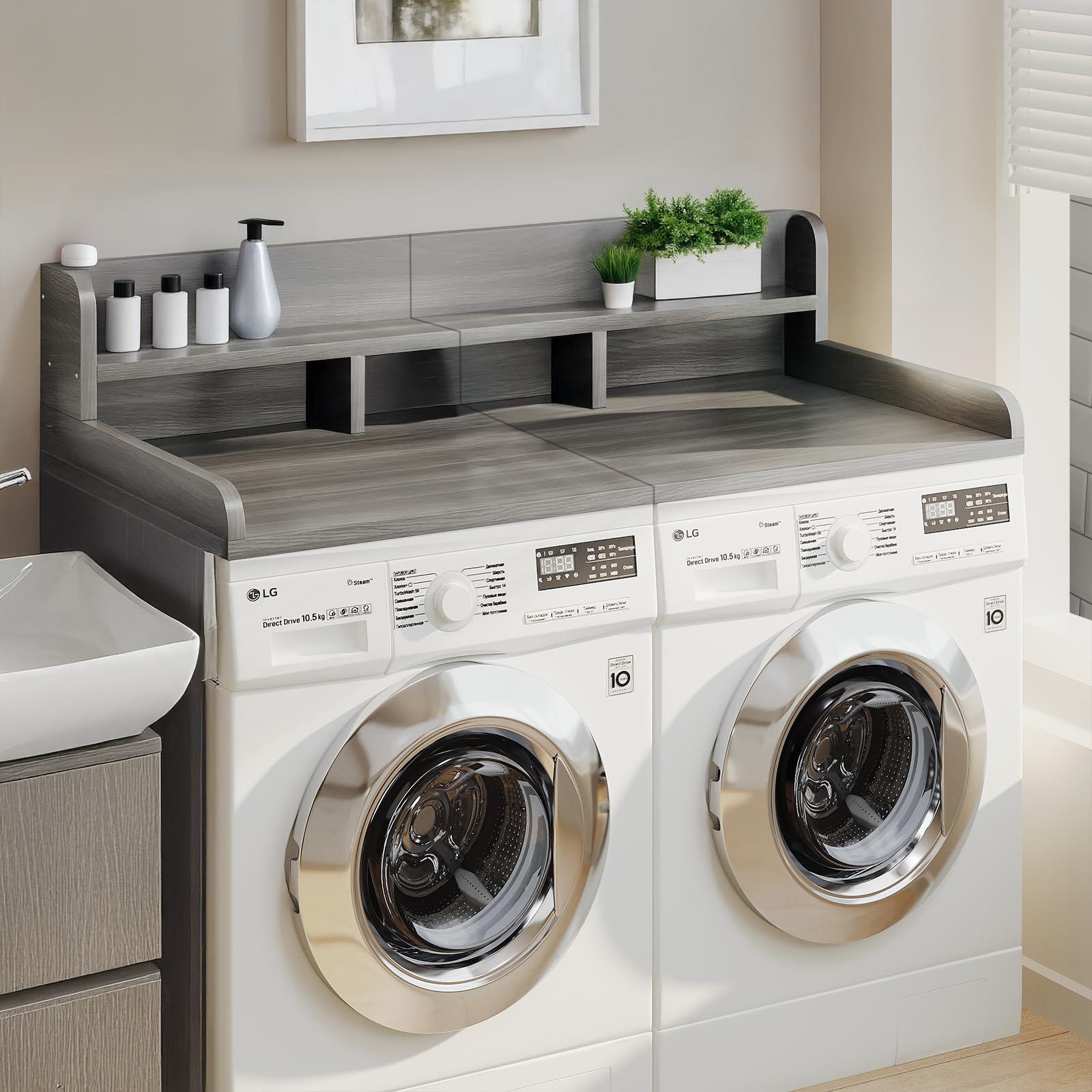Practical Washer Dryer Countertop with Non-slip Pads, Wood Shelf Topper with Edge, Double Layer Organizer, 54" L x 27.5" W x 12" H, Gray+White