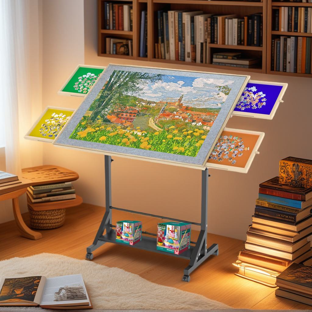 Wooden 1500 Piece Puzzle Table with Drawer, Adjustable Height, Rolling Puzzle Table with Wheels, 35" L x 27" W x 37.5" H, Black+Natural