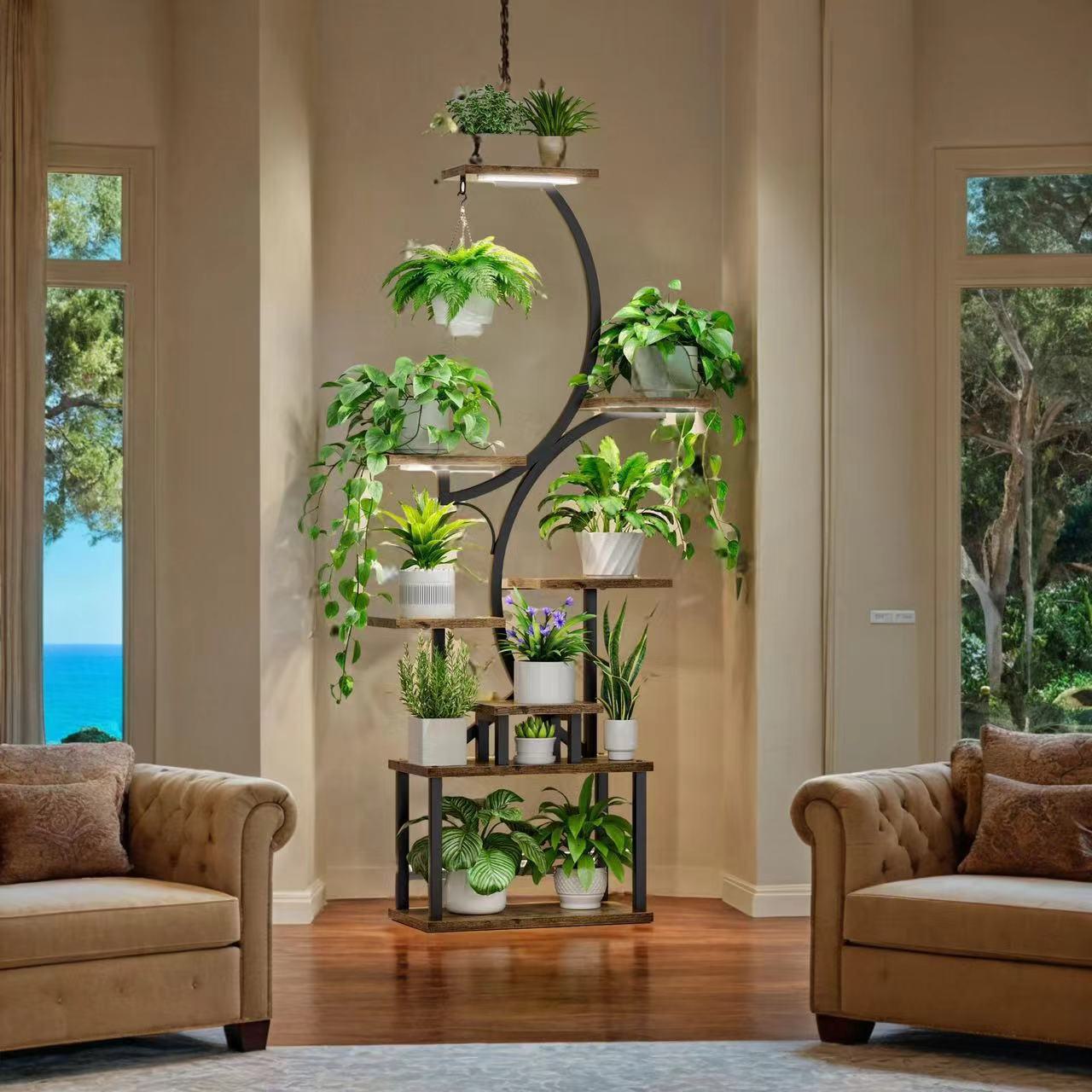 8-Tier Indoor Plant Stand with Grow Lights, Metal Plant Shelf, S-Shaped Design for Home and Patio, 19.5" L x 10" W x 61" H, Black+Dark Walnut
