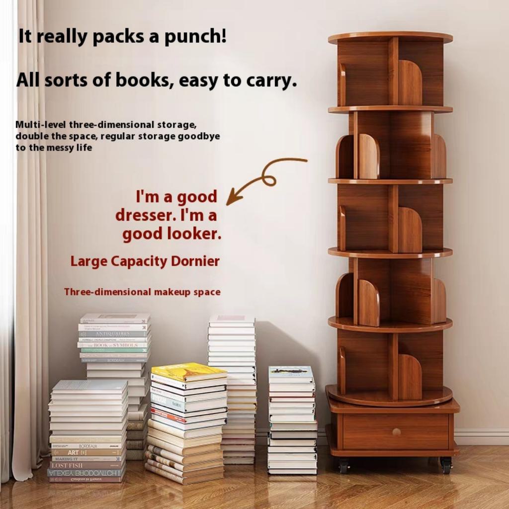6-Tier Rotating Bookshelf with Wheels, Walnut Brown | Aosom.com