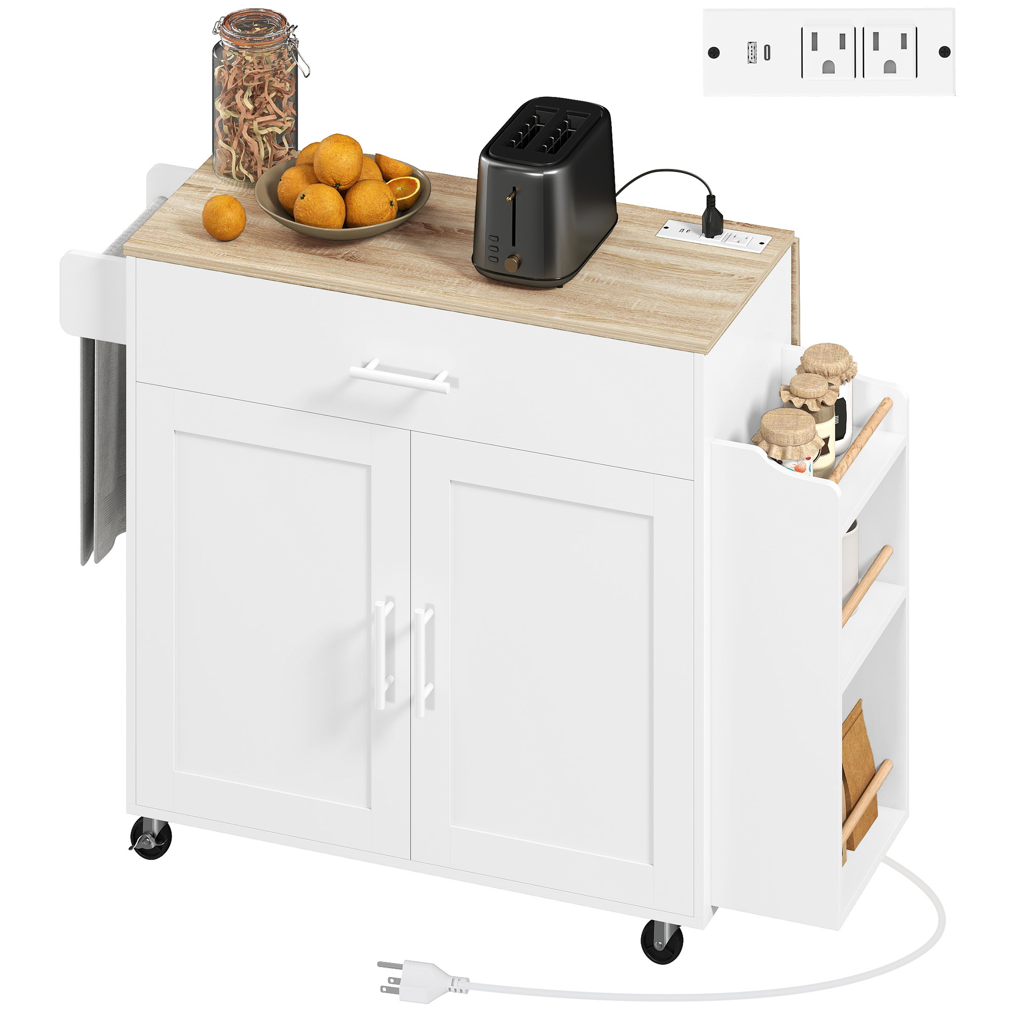 Rolling Cooking Cart with Foldable Drop Leaf, Cooking Island with Organizer, Power Outlet and USB Ports, White 1