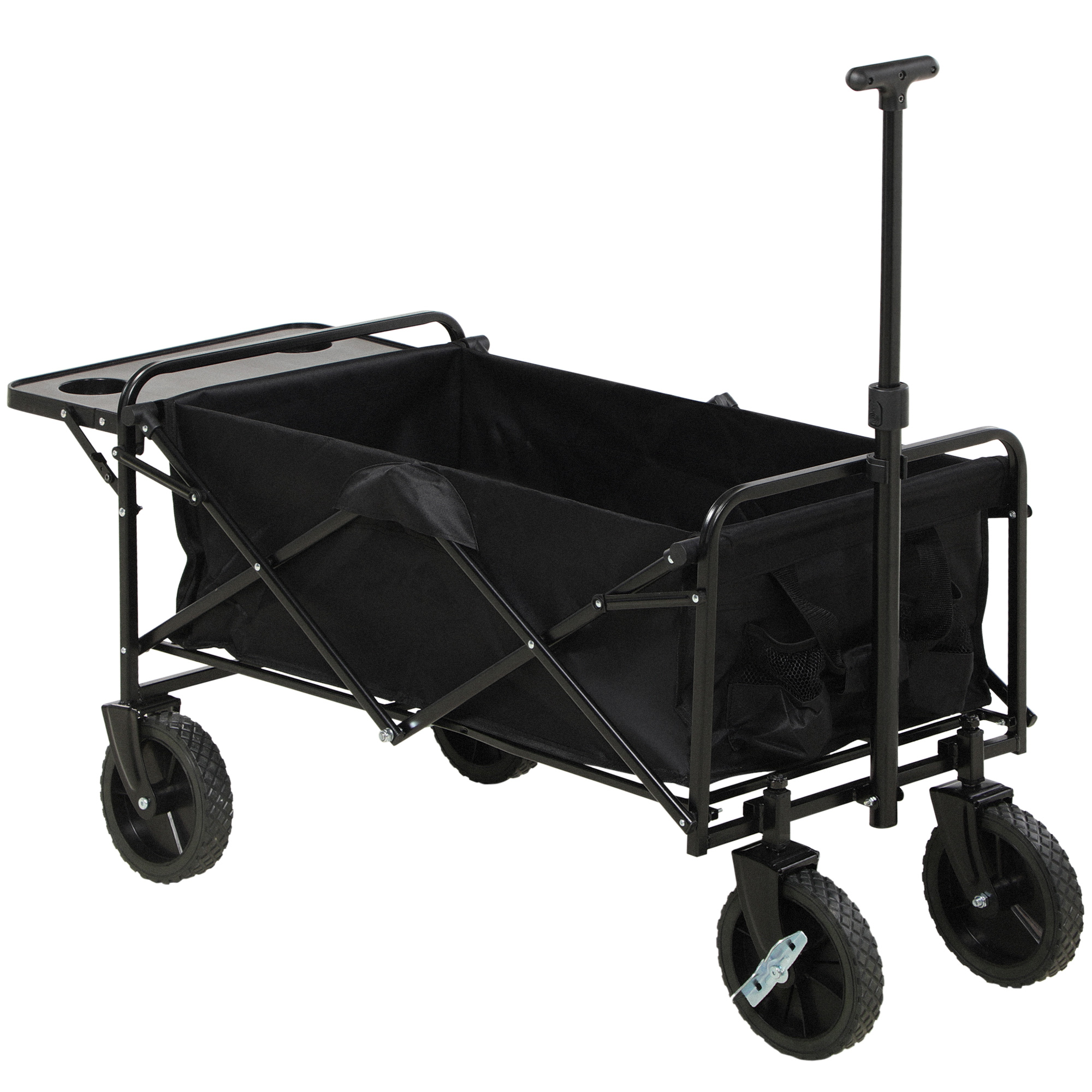 Outsunny Foldable Wagon Garden Carts with Wheels and Side Table, Black