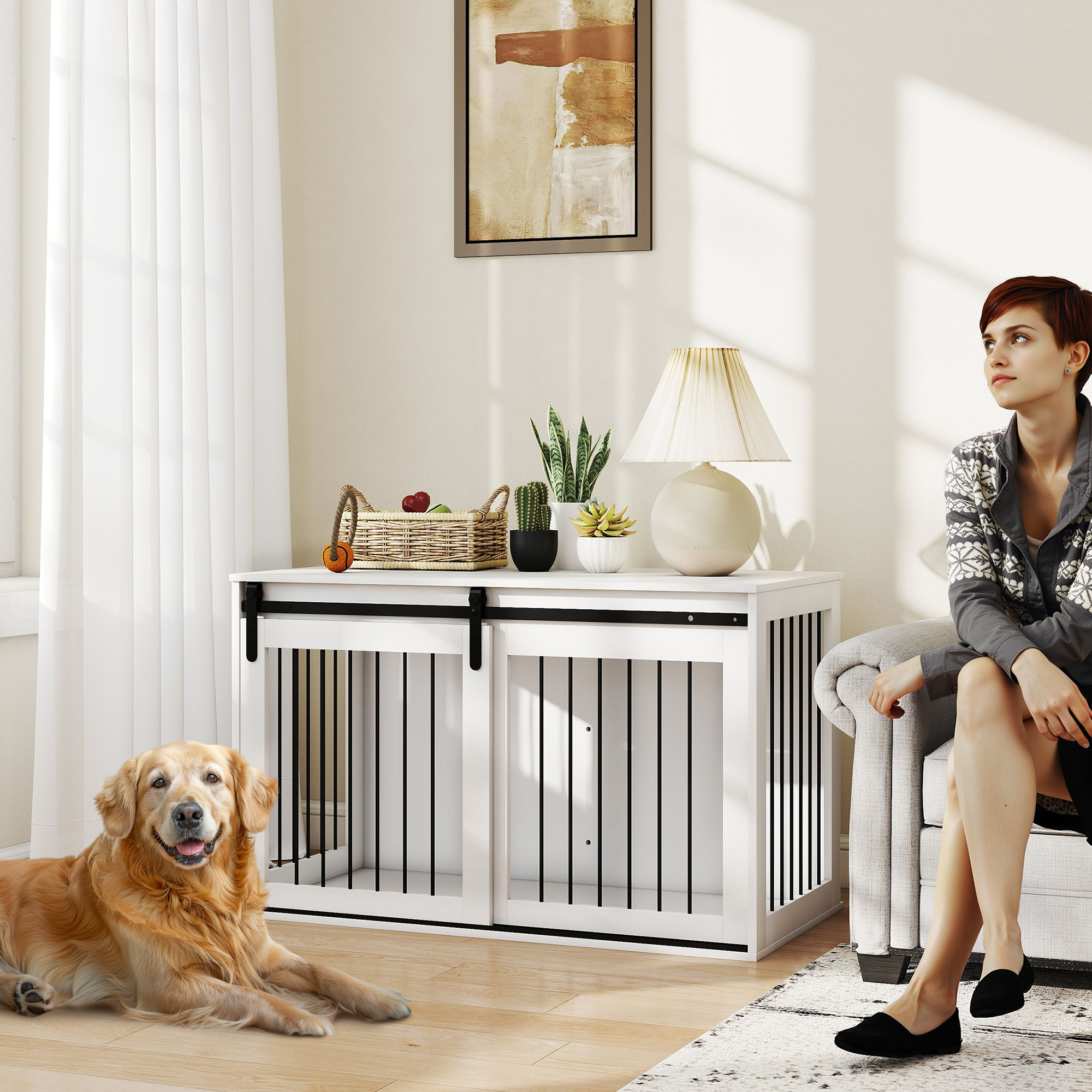 PawHut 46.5" Dog Crate Furniture, Dog Crate End Side Table for Extra Large Dogs, White | Aosom Canada