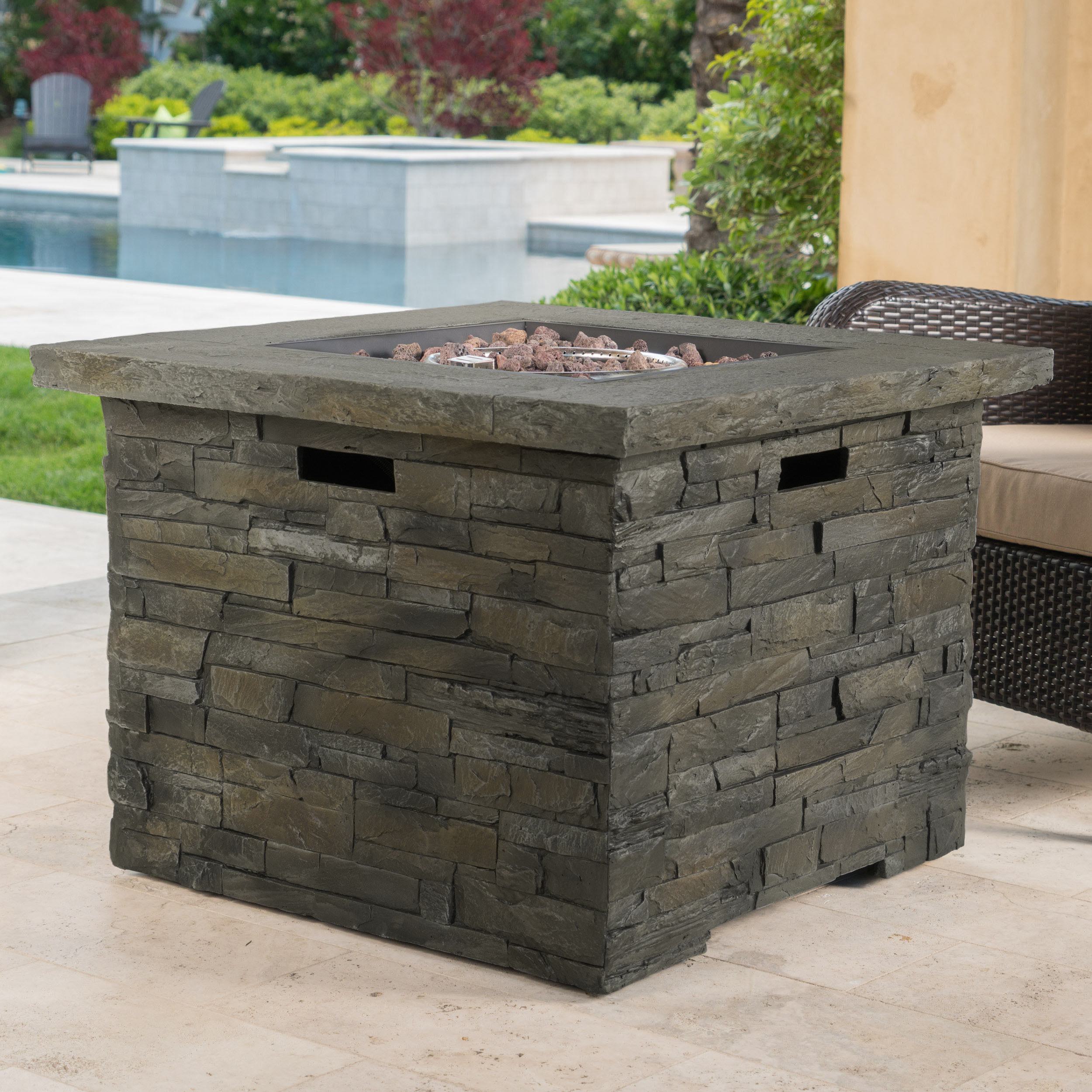40,000 BTU Outdoor Square MGO Fire Pit with Natural Stone Finish, Perfect for Social Gatherings, 33" L x 33" W x 24.5" H, Stone Gray Aosom Canada