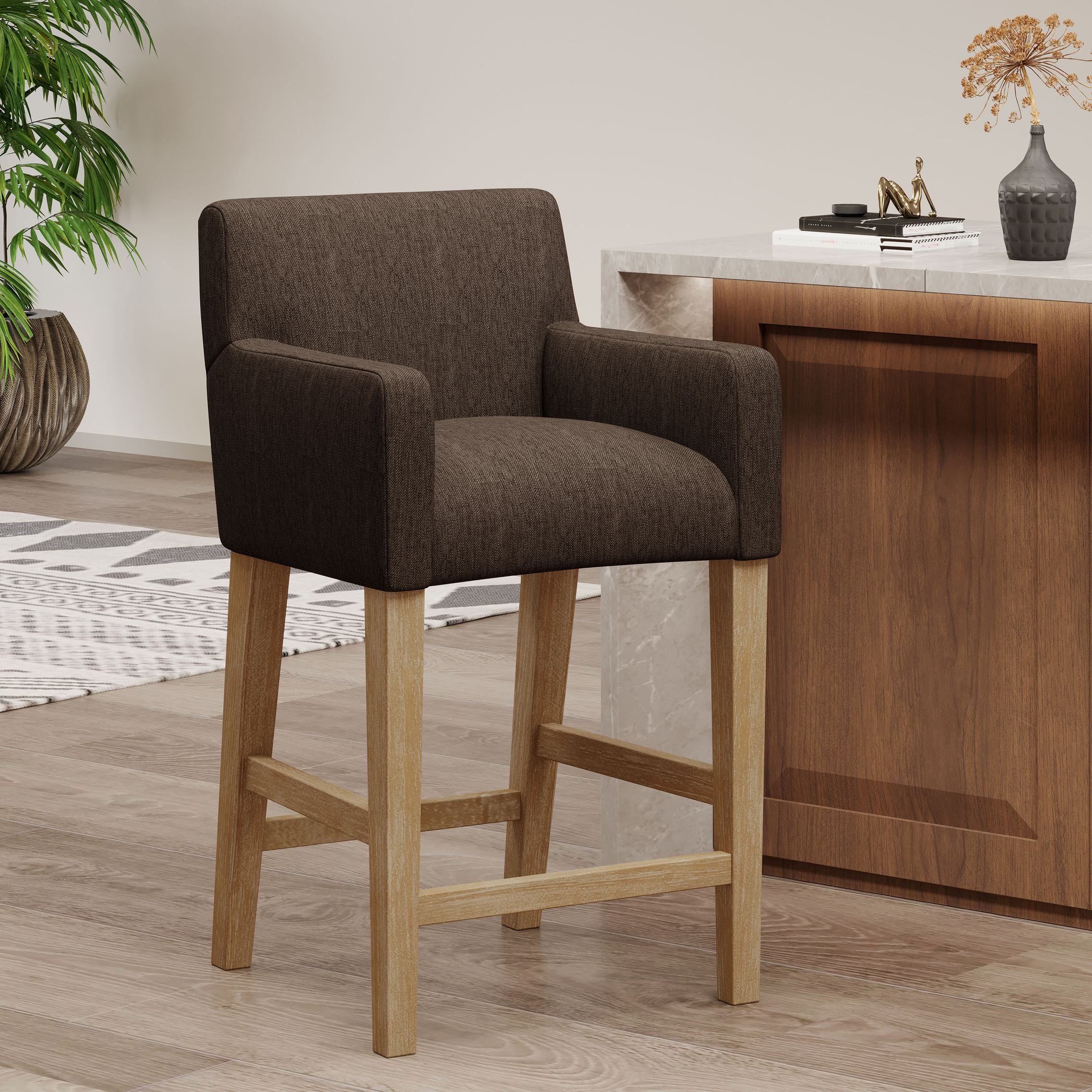 Contemporary Upholstered Counter Stool with Rubberwood Frame, Contemporary Style with Rounded Armrests, 24" L x 23" W x 39.5" H, Brown Aosom Canada