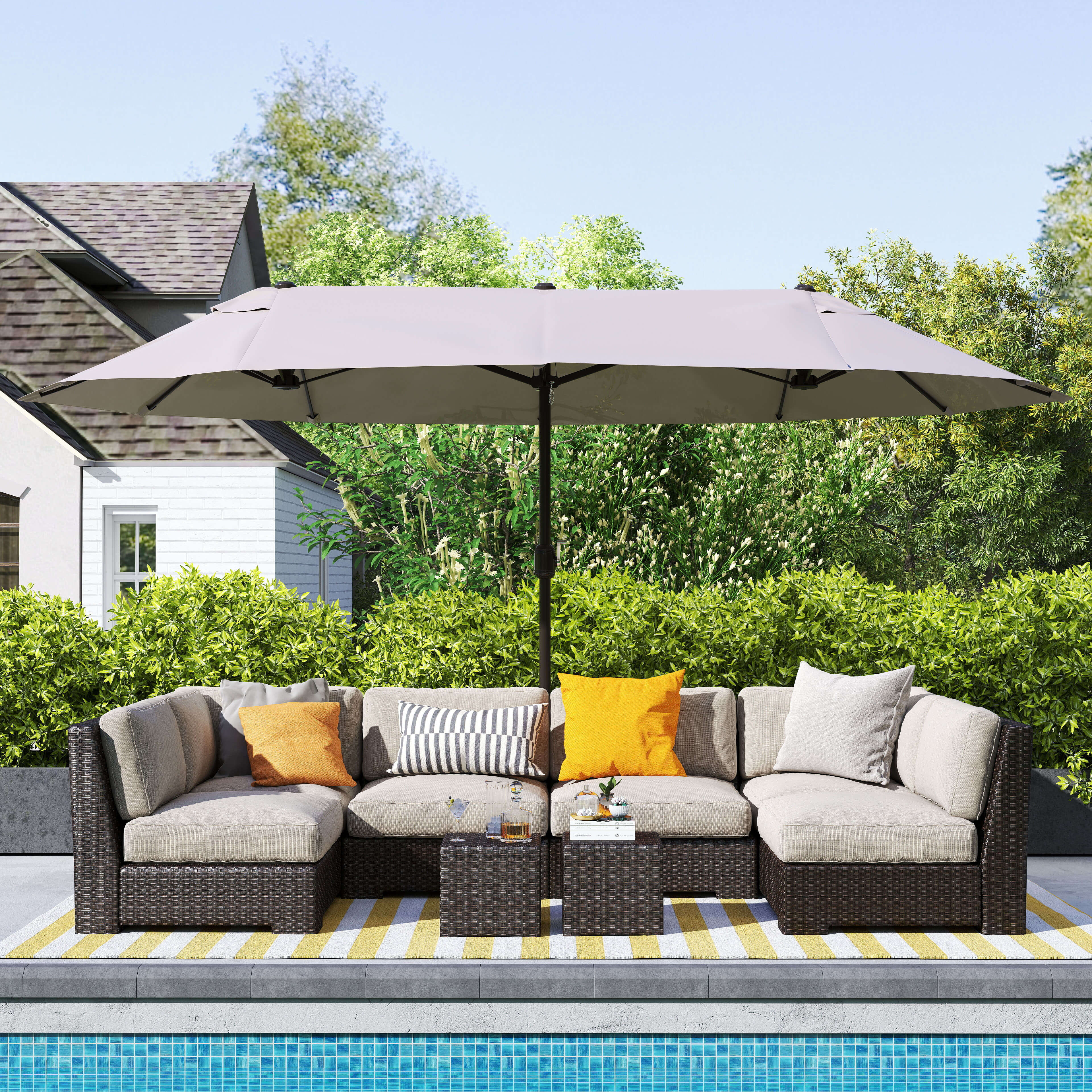 Outsunny 15 ft Twin Canopy Umbrella for Backyard Tan | Aosom