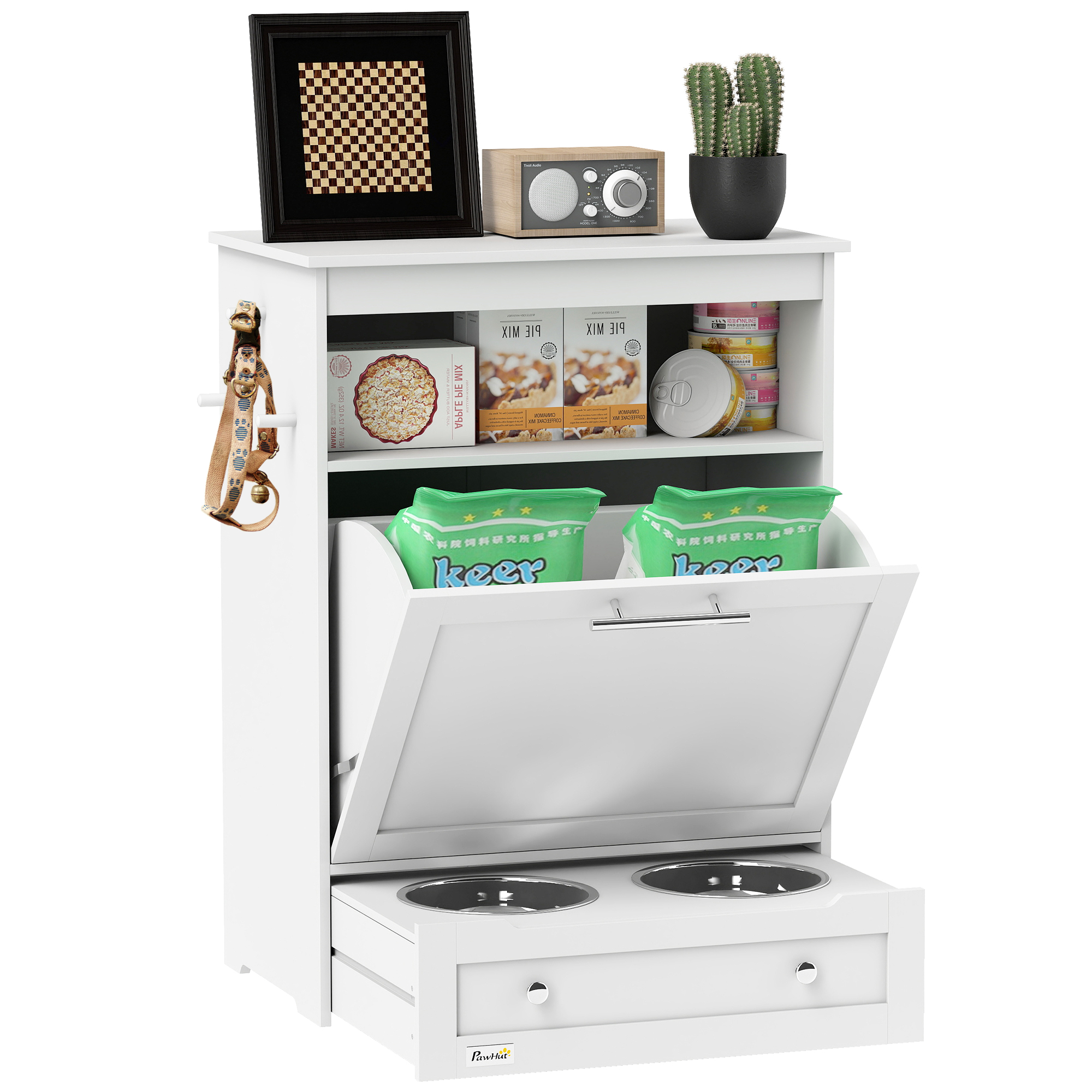 PawHut Pet Feeder Station Storage Cabinet, Dog Food Storage Container with Dog Raised Bowls, Watering Supplies, White
