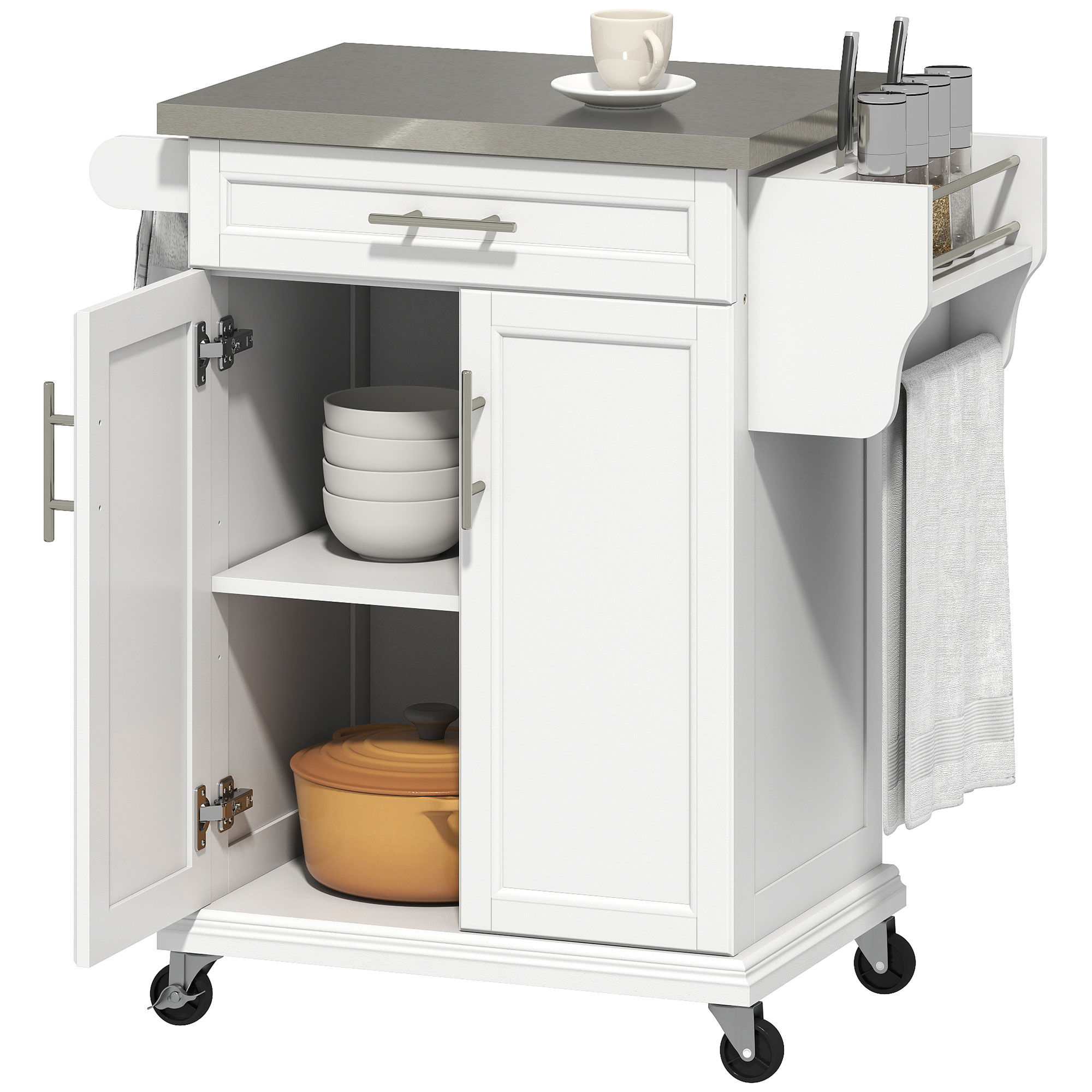 HOMCOM Kitchen Island on Wheels, Rolling Kitchen Cart with Stainless Steel Countertop, Drawer, Towel Rack and Spice Rack, Utility Storage Trolley, Whi