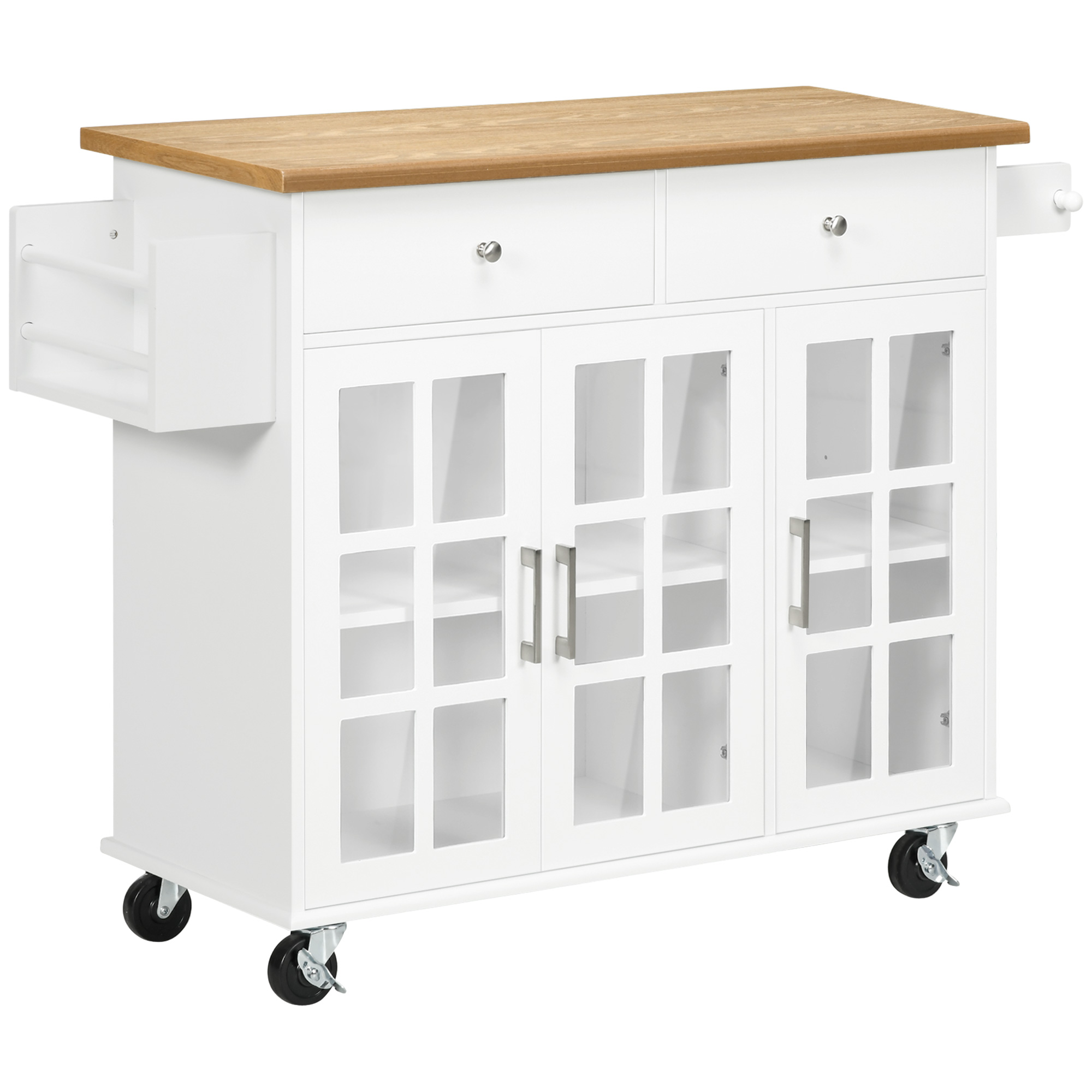 HOMCOM Rolling Kitchen Island with Storage, Utility Kitchen Cart with 2 Drawers, 2 Cupboards, Towel Rack and Spice Rack, Microwave Cart for Dining Roo