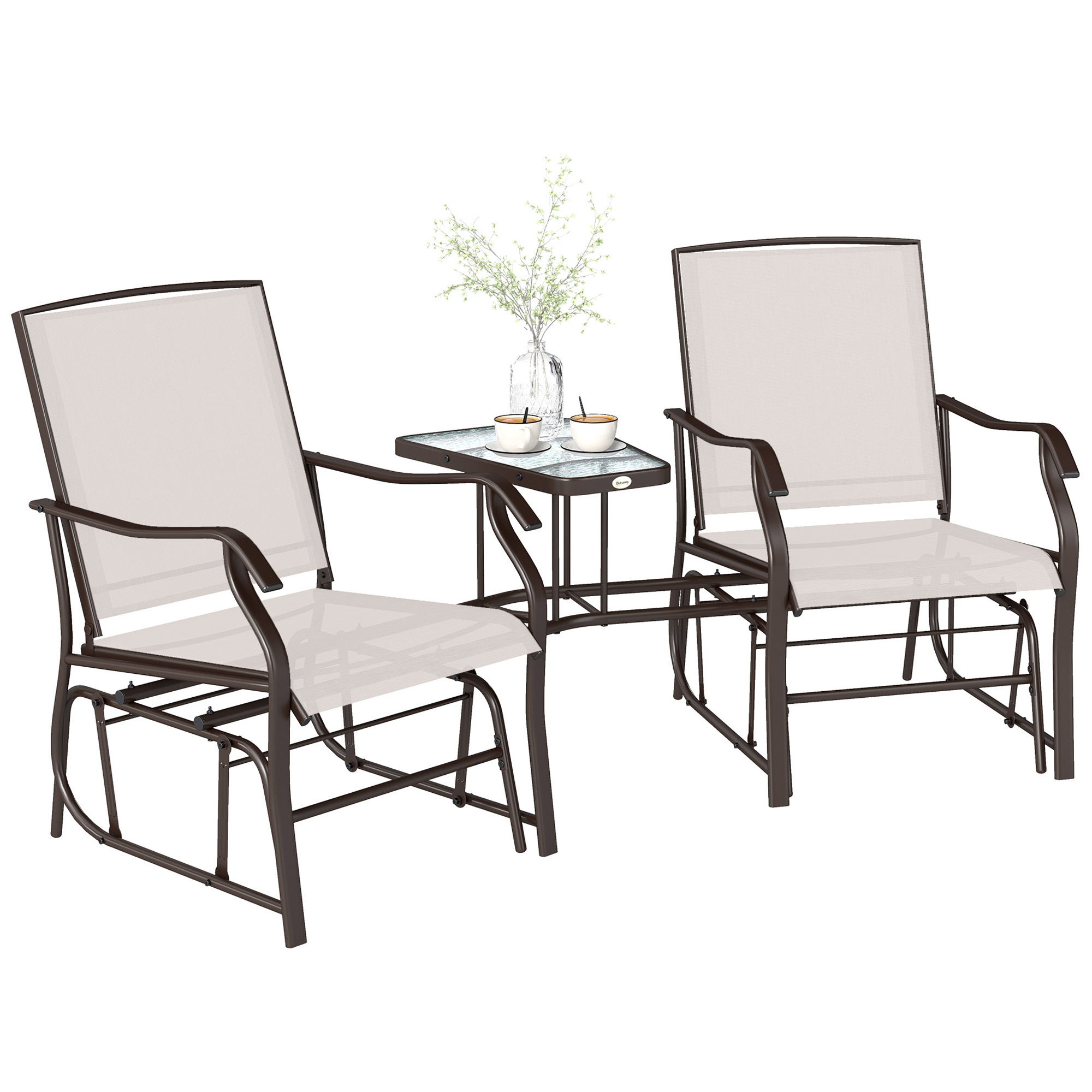 Outsunny Outdoor Glider Chairs with Coffee Table, Patio 2-Seat Rocking Chair Swing Loveseat with Breathable Sling for Backyard, Garden, and Porch, Bei