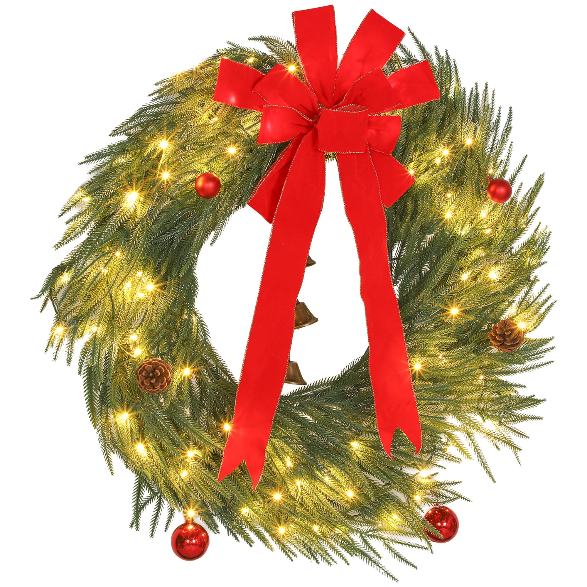 HOMCOM 36 Inch Christmas Wreath for Front Door with LED Lights, Prelit Christmas Wreath with 8 Modes and Ornaments, Green
