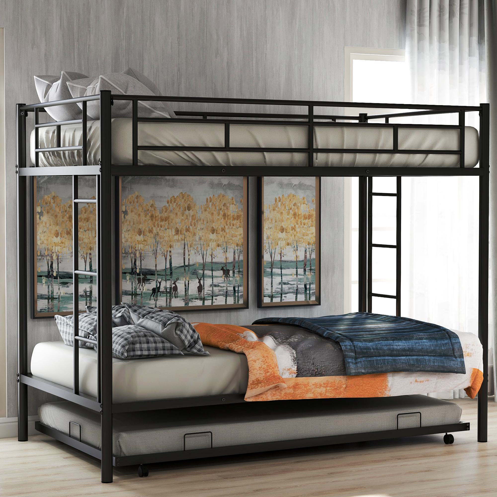Twin Over Twin Bunk Bed with Trundle, Metal Frame, Safety Guardrails, Bed Frame for Compact Rooms, 78" L x 41.5" W x 62.5" H, Black Aosom Canada