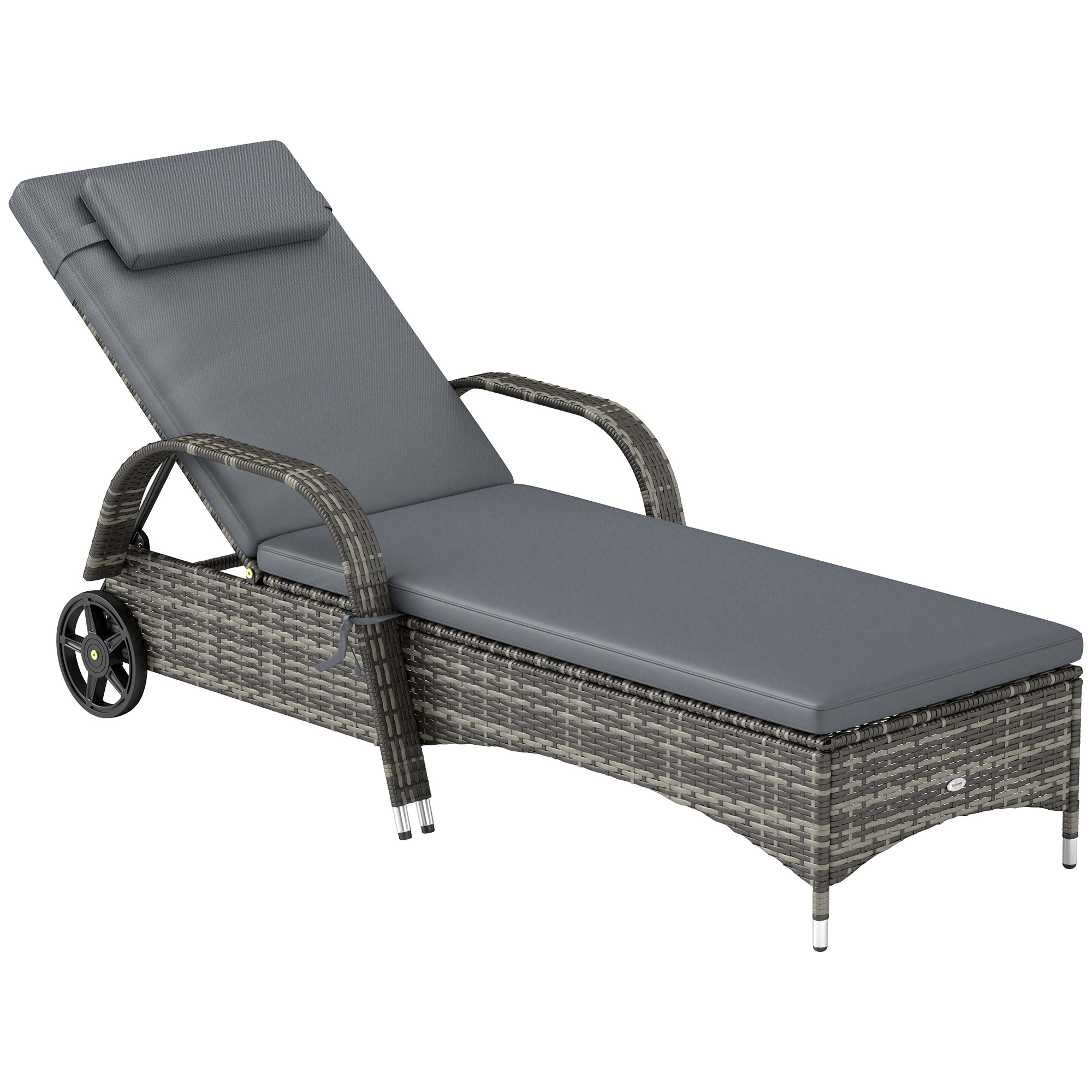 Outsunny Wicker Outdoor Chaise Lounge, 5-Level Adjustable Backrest PE Rattan Pool Lounge Chair with Wheels, Cushion & Headrest, Mixed Gray and Gray