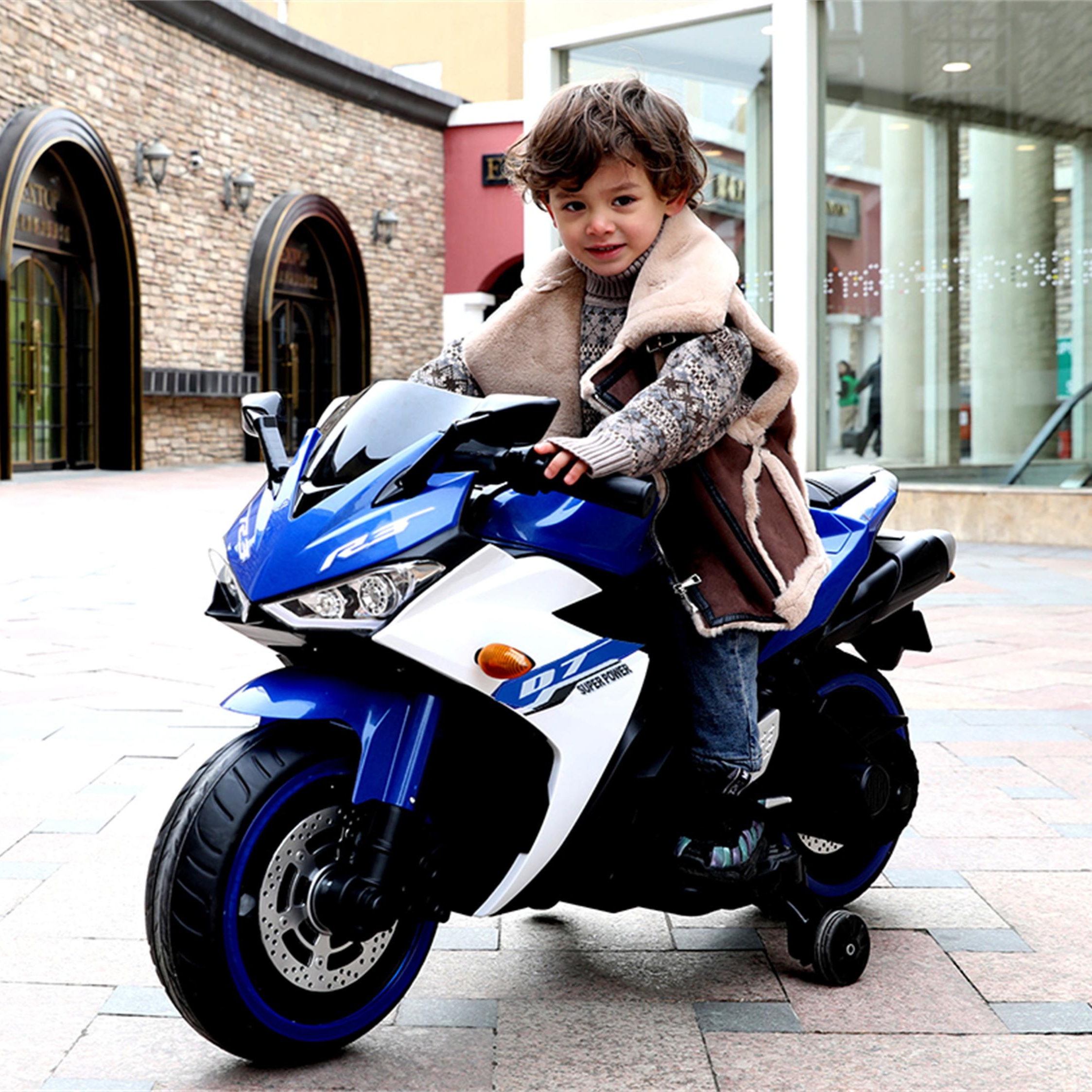 12V Kids Electric Ride-On Motorcycle with Training Wheels and Headlight, Motorbike with MP3 and Light-Up Wheels, 46" L x 20" W x 26" H, Blue