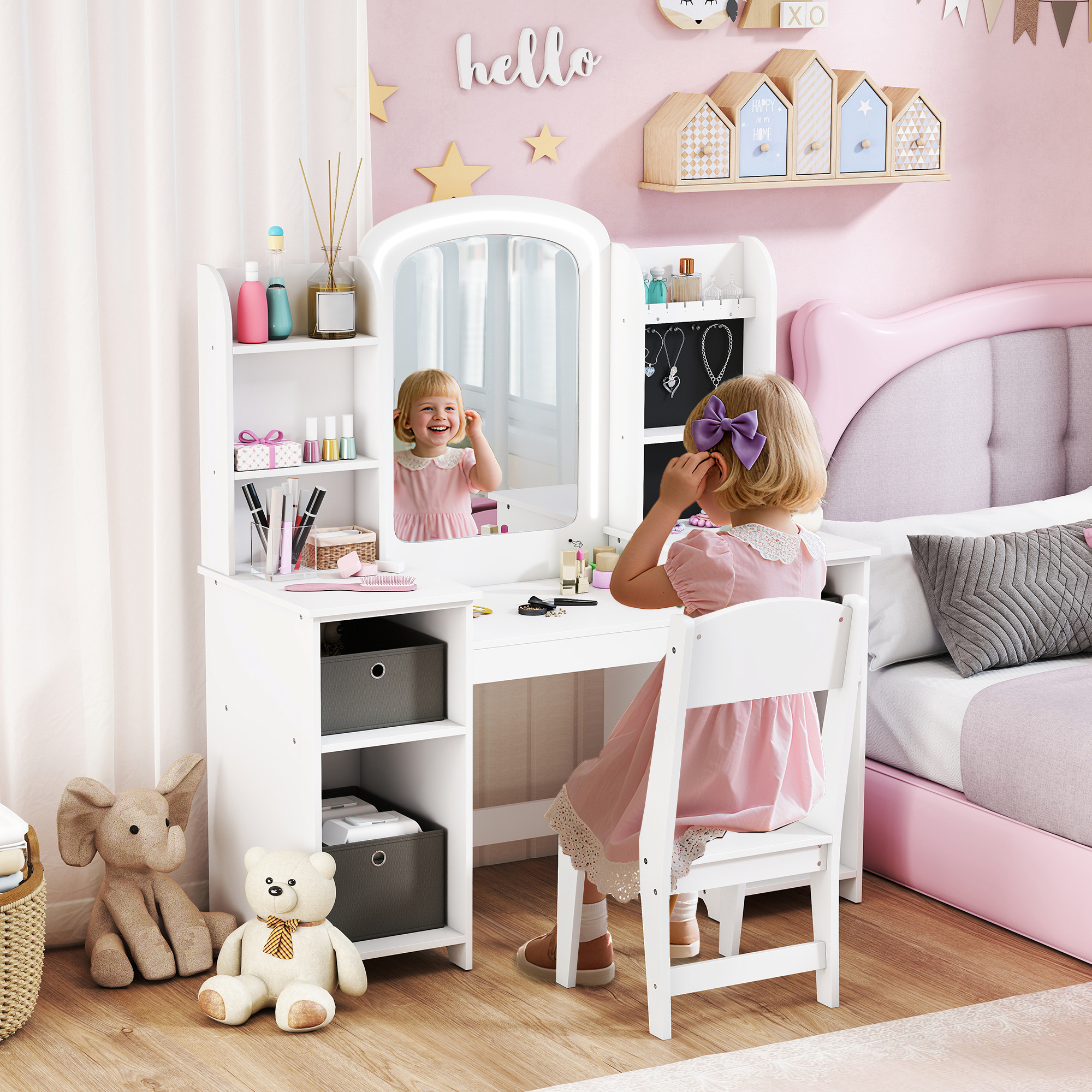 Qaba Kids Vanity Table and Chair, Toddler Dressing Table and Chair Set ...