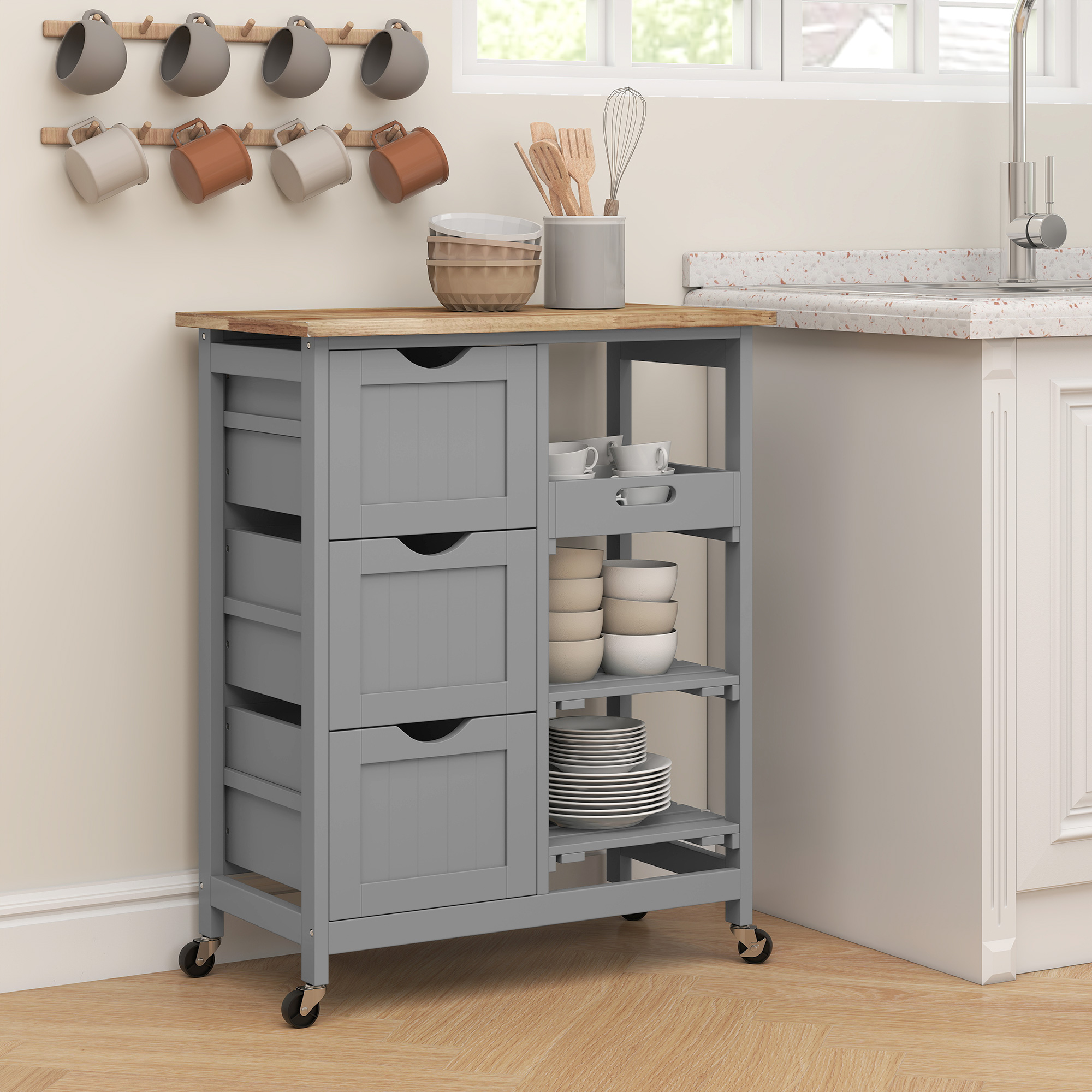 HOMCOM Rolling Kitchen Cart, Kitchen Island with Wood Top, Shelves ...