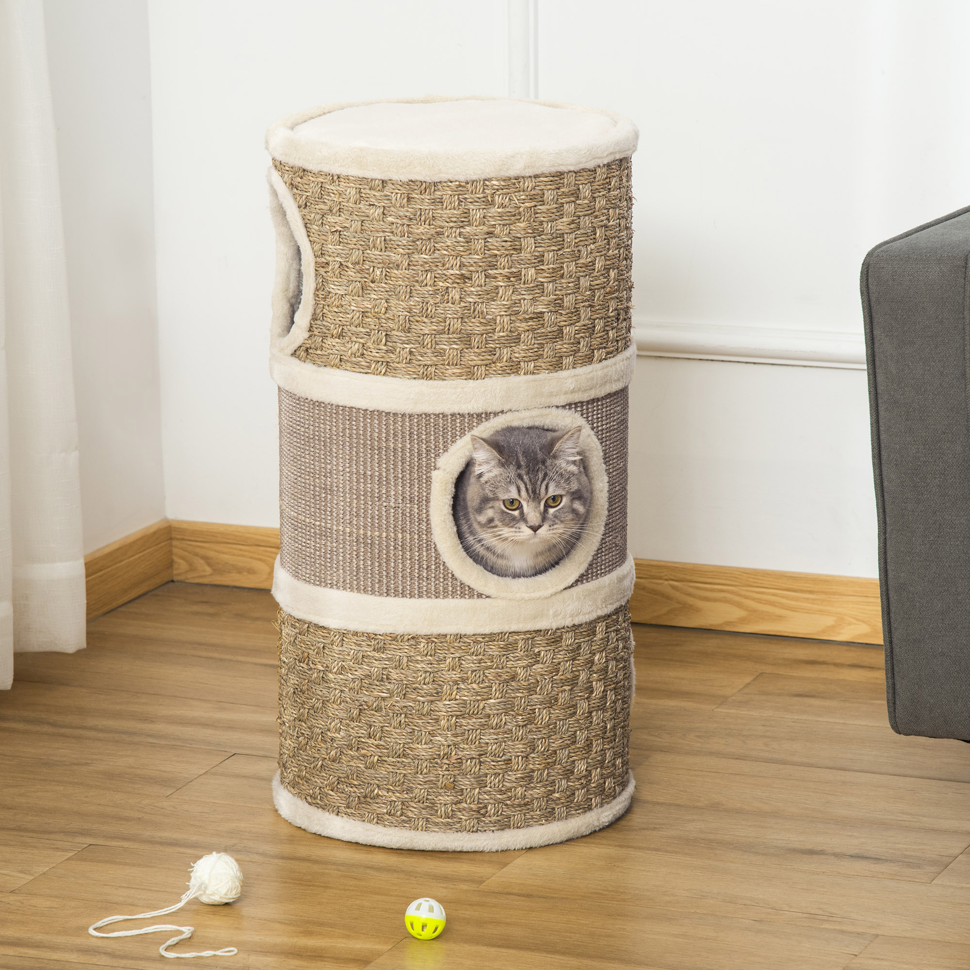 PawHut 3 Story Cat Condo with Sisal Scratching Surface Three Holes Tower for Indoor Cats Khaki and Brown Aosom Canada