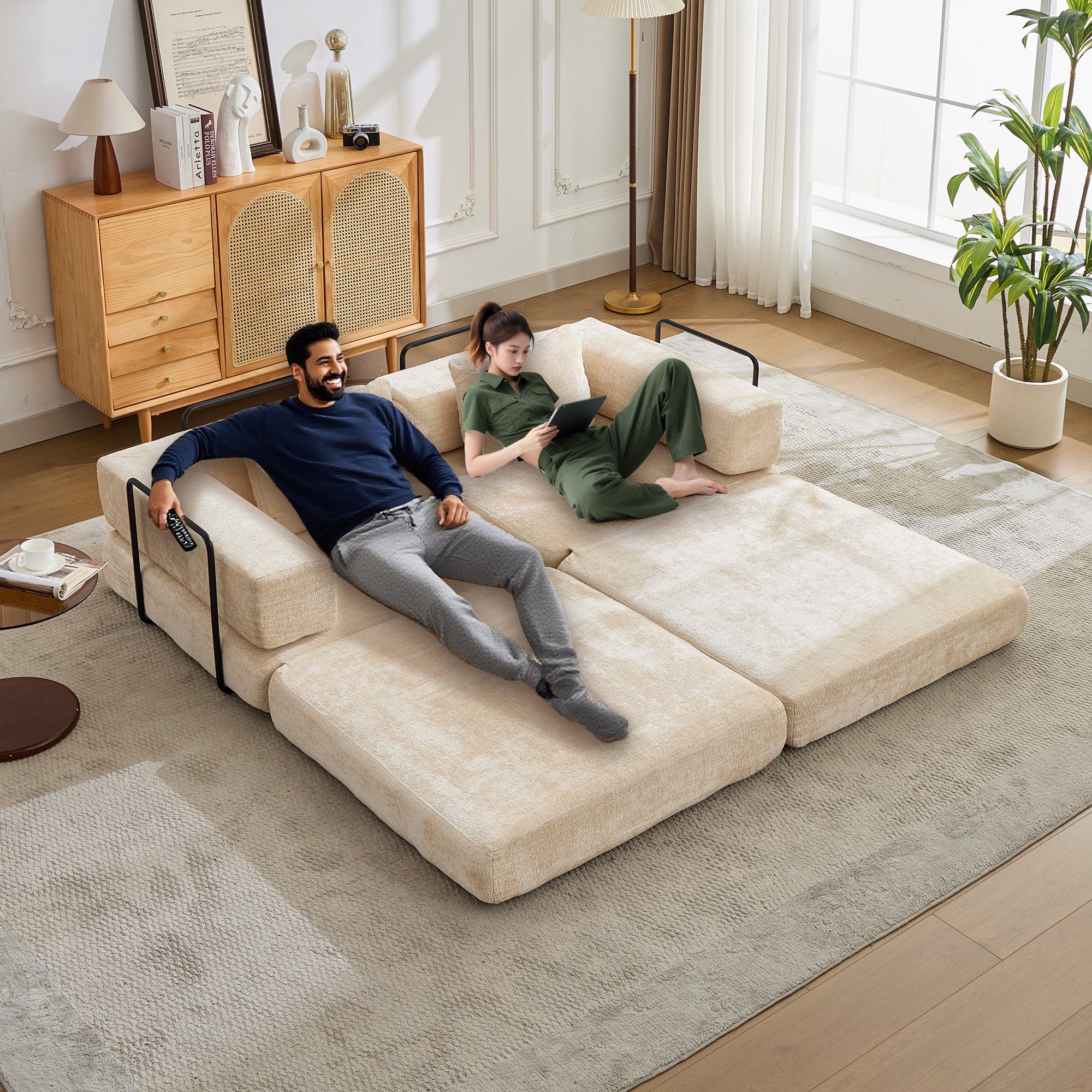 Convertible Floor Sofa Bed with Fixed-Shape Frame and Chenille